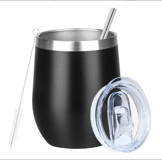 thumbnail image 1 of Vaso de vino aislado, doble pared de acero inoxidable sin tallo, copa de vino aislada de 12 oz, taza de café aislada duradera, para champán, tapa de oficina y juego de pajita (2 unidades, ne, 1 of 4