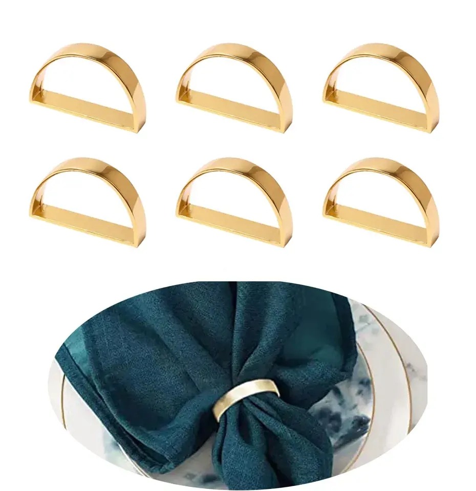 thumbnail image 2 of Servilleteros de acero inoxidable, servilleteros de metal, soporte moderno para anillos, hebillas, adorno metálico para mesa, cocina, cena, fiesta, boda (semicírculo dorado mate), 2 of 4