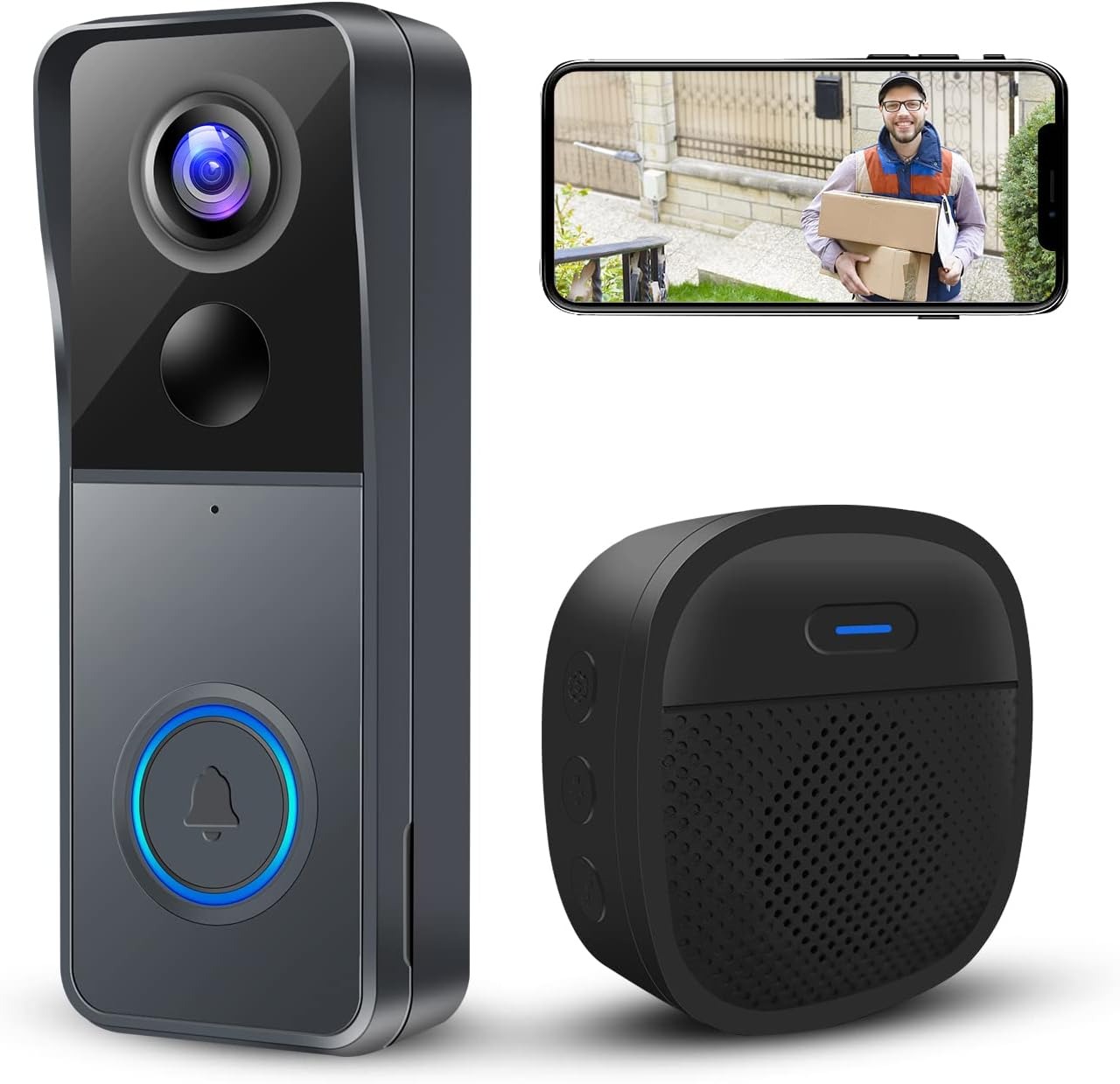 thumbnail image 1 of Cámara de timbre inalámbrico con timbre, timbre con video compatible con WiFi 2.4G, audio bidireccional/convertidor de voz/detección de movimiento PIR/gran angular de 145 °/almacenamiento en, 1 of 5