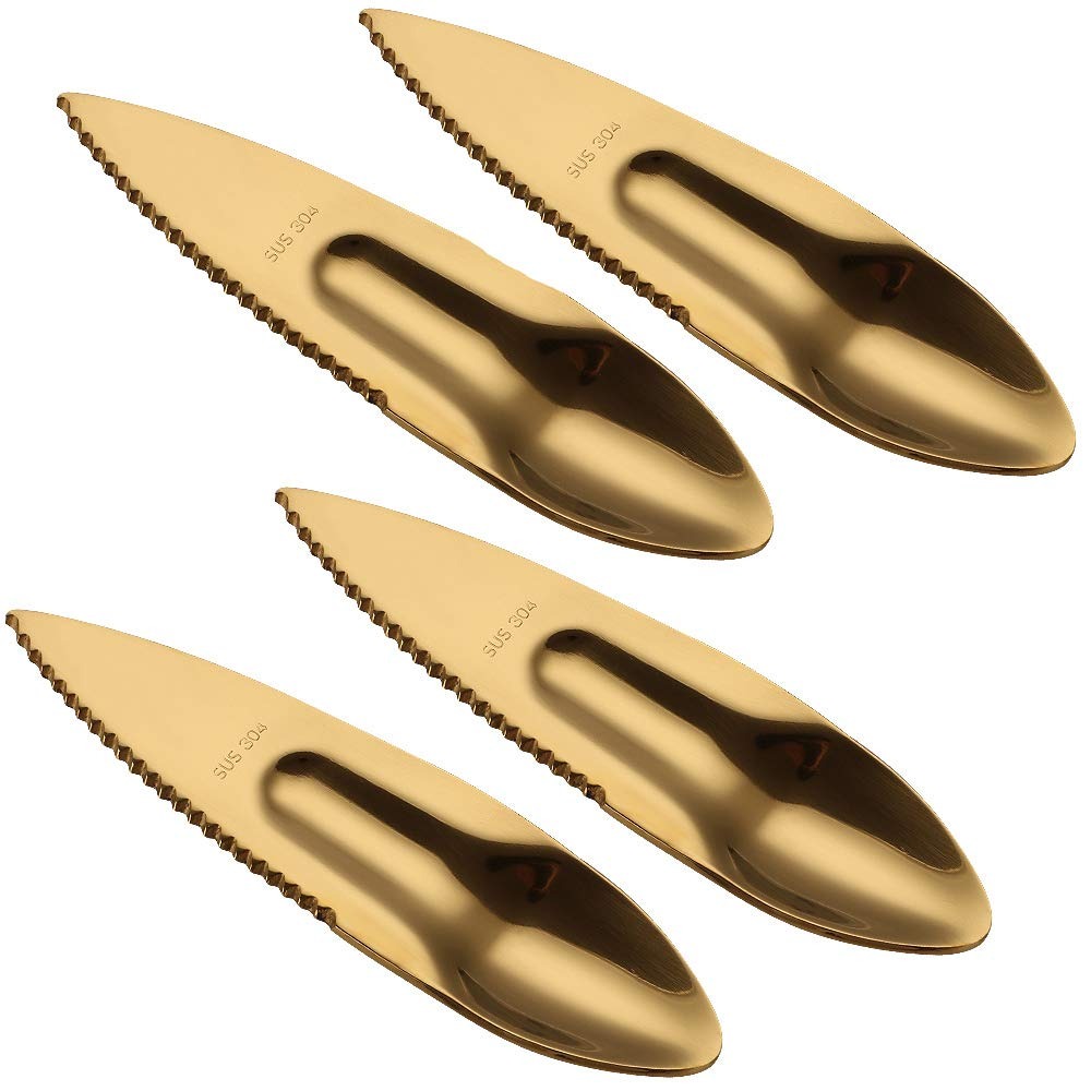 thumbnail image 1 of Kiwi Spoon Knife 2 en 1 Rebanador de Frutas de Aguacates Reutilizables Cucharas para pelar Acero Inoxidable Multiusos para el hogar Juego de 4 (Oro), 1 of 4