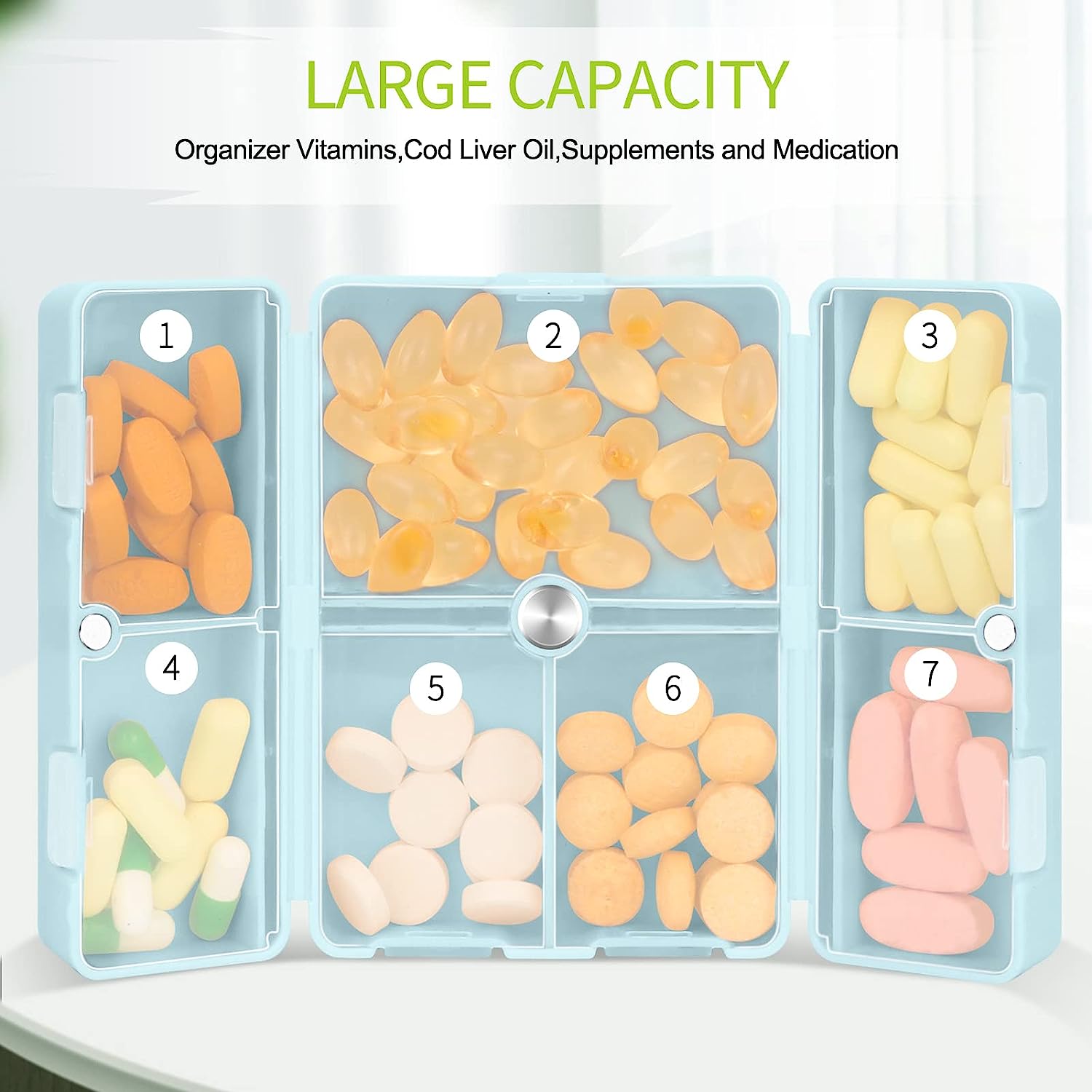 thumbnail image 4 of Organizador de pastillas para 7 días, caja de almacenamiento de medicamentos, [diseño plegable] [gran capacidad] pastilleros portátiles para vitaminas, aceite de hígado Mor, 4 of 5