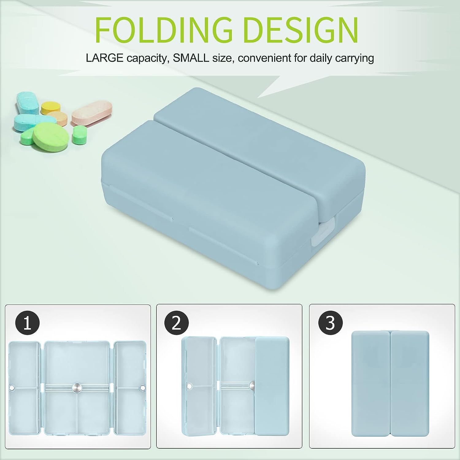 thumbnail image 3 of Organizador de pastillas para 7 días, caja de almacenamiento de medicamentos, [diseño plegable] [gran capacidad] pastilleros portátiles para vitaminas, aceite de hígado Mor, 3 of 5