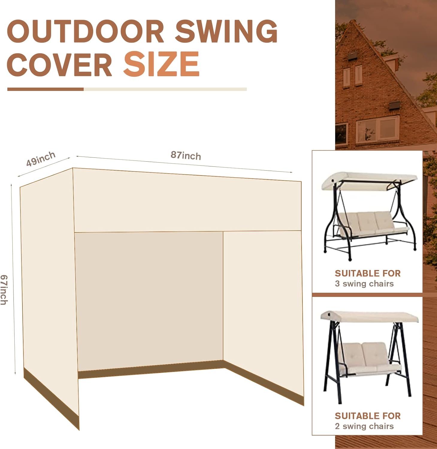 thumbnail image 5 of Funda para columpio de exterior YONGSHENG 3 plazas impermeable 87x49x67 pulgadas beige y café, 5 of 5