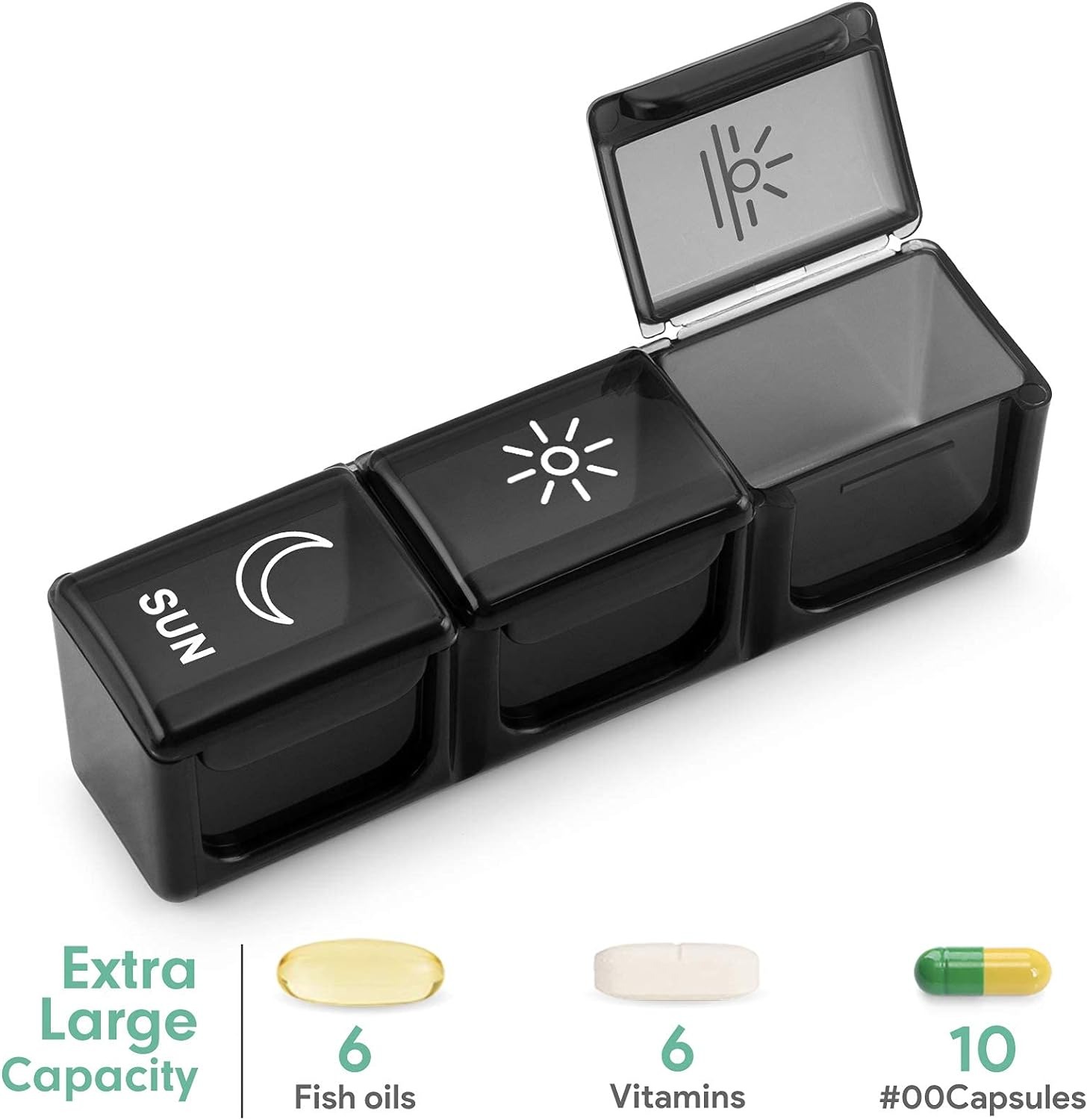 thumbnail image 2 of Organizador de pastillas semanal 3 veces al día, organizadores de pastillas de 7 días con 21 compartimentos grandes para caja de vitaminas mañana mediodía noche - negro, 2 of 5