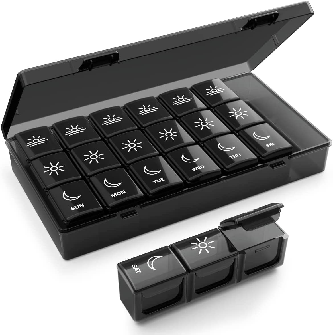 thumbnail image 1 of Organizador de pastillas semanal 3 veces al día, organizadores de pastillas de 7 días con 21 compartimentos grandes para caja de vitaminas mañana mediodía noche - negro, 1 of 5
