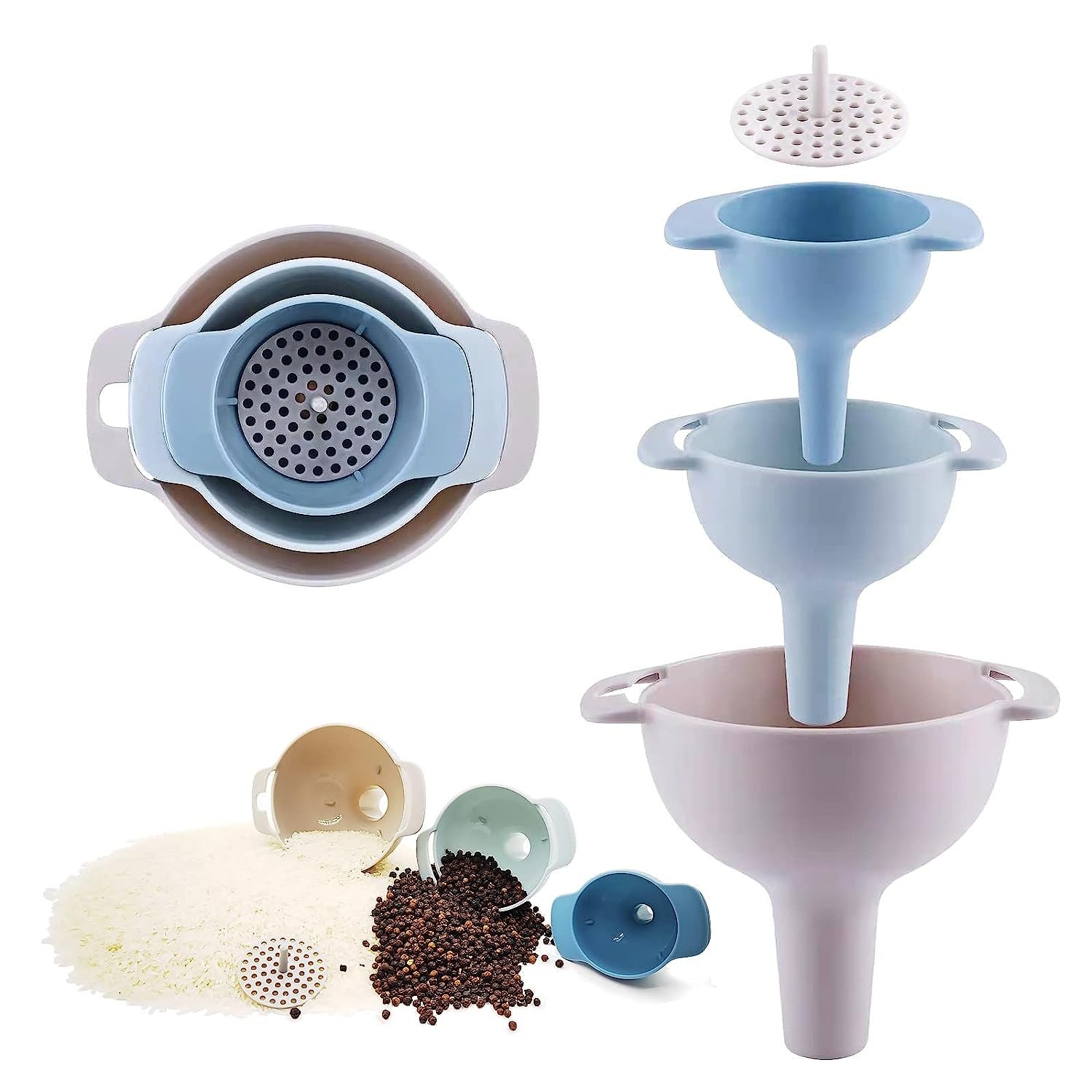 thumbnail image 1 of Embudos de cocina para llenar botellas, juego de 3 embudos, embudo de aceite, resistente y no se deforma fácilmente, adecuado para todo tipo de alimentos sólidos y líquidos (azul), 1 of 5