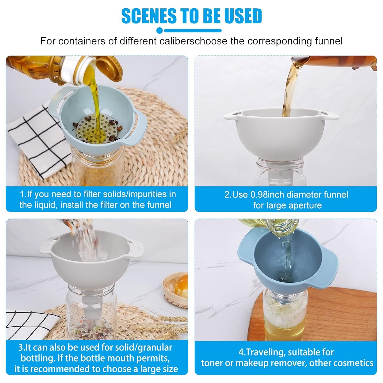 thumbnail image 2 of Embudos de cocina para llenar botellas, juego de 3 embudos, embudo de aceite, resistente y no se deforma fácilmente, adecuado para todo tipo de alimentos sólidos y líquidos (azul), 2 of 5