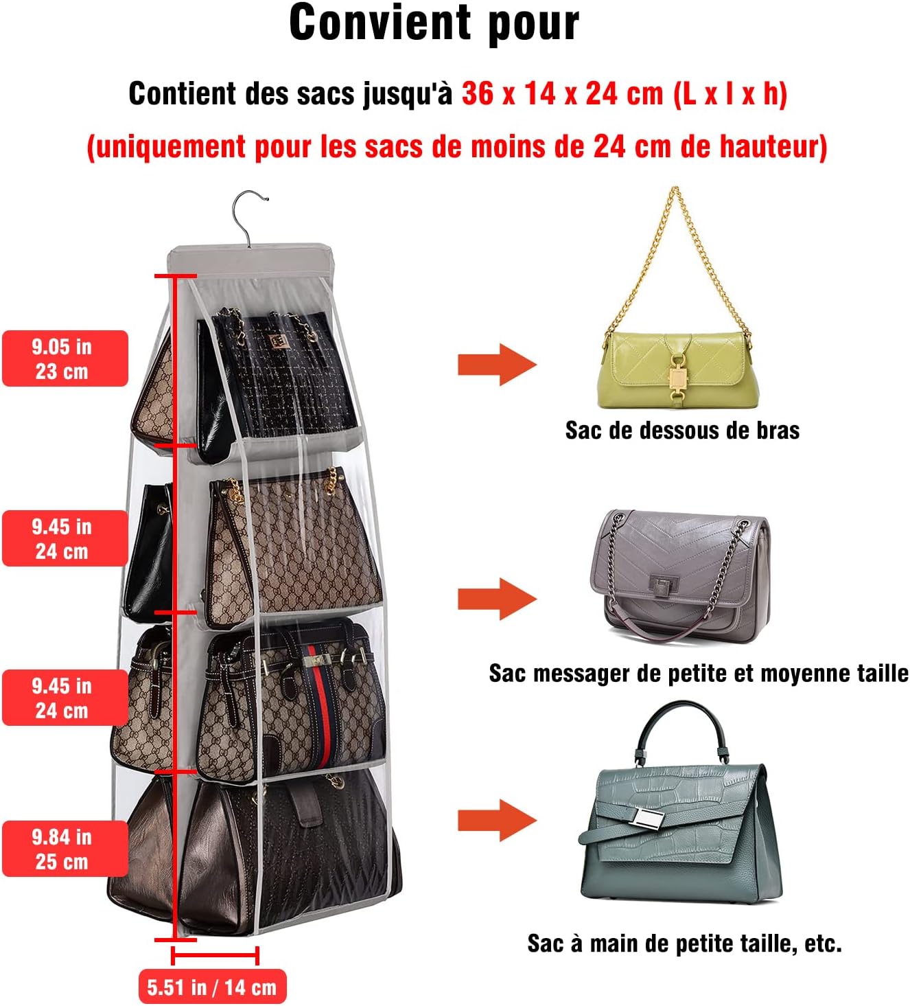 thumbnail image 4 of 1 Uds. Almacenamiento colgante para bolso, organizador de bolso colgante de 8 bolsillos, organizador de armario de tela Oxford para dormitorio en casa, 4 of 5
