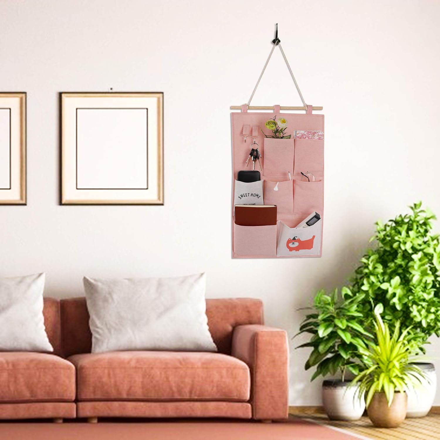 thumbnail image 2 of Bolsa de almacenamiento montada en la pared YONGSHENG organizador de tela de lino 2 estilos color rosa, 2 of 5
