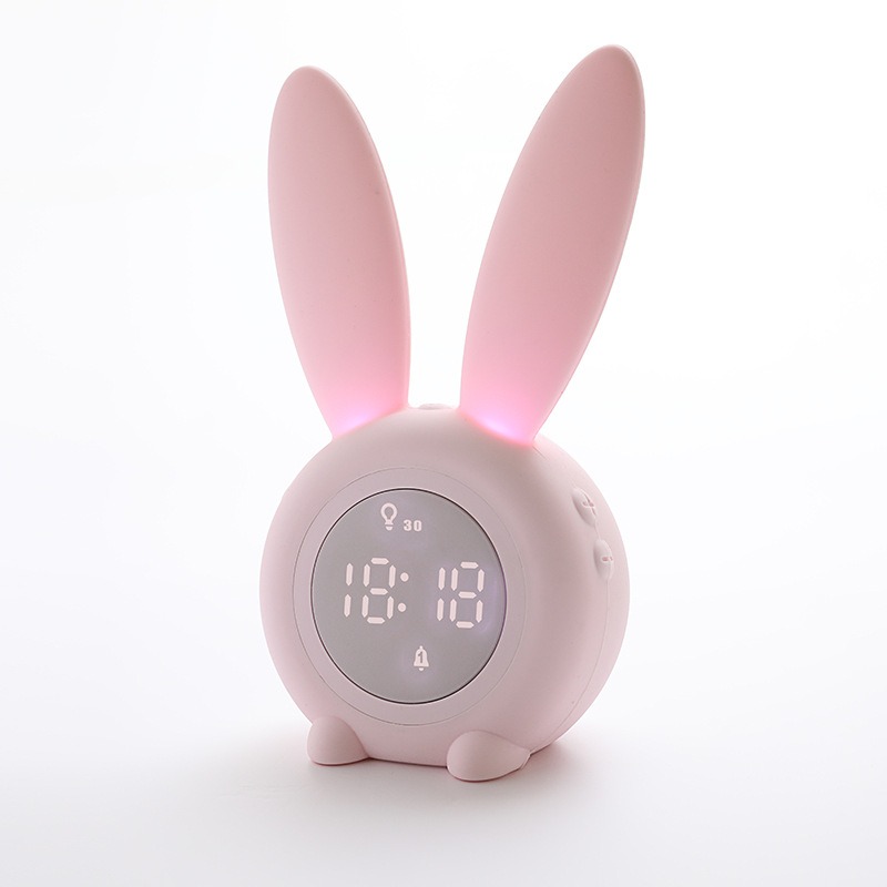Reloj despertador para niños - Reloj despertador digital, iluminación ambiental regulable, lindo diseño de conejo, 5 tonos de llamada - Recargable, perfecto para dormitorios