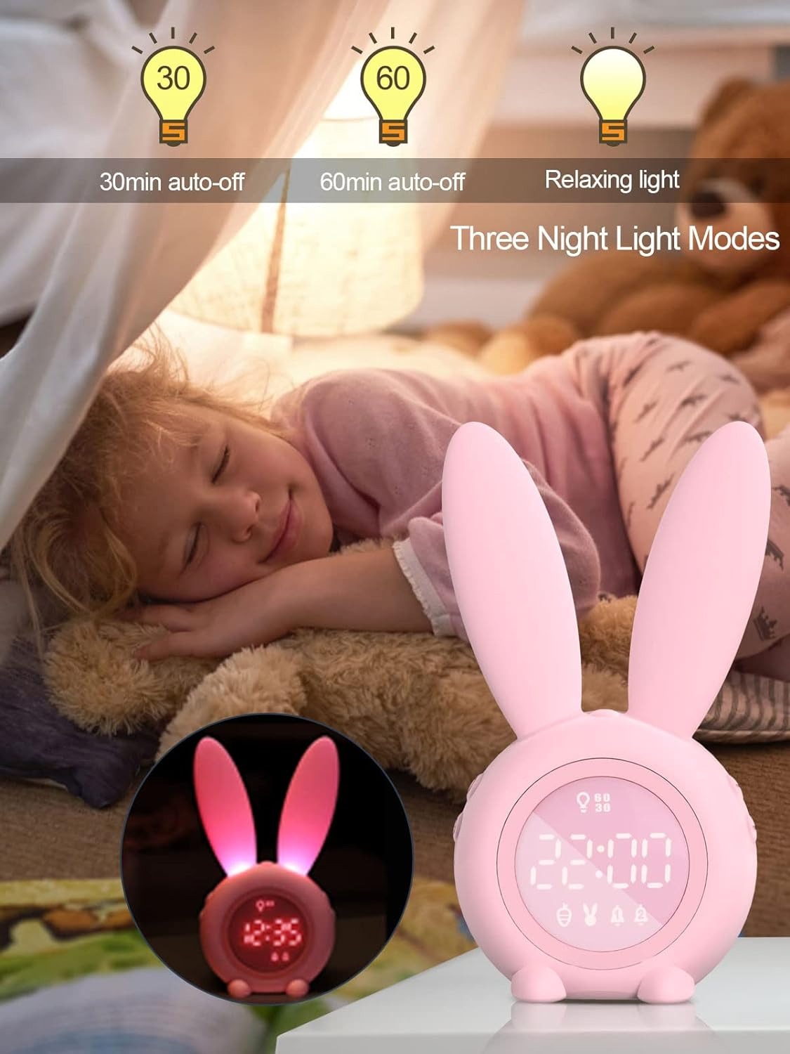 thumbnail image 3 of Reloj despertador para niños - Reloj despertador digital, iluminación ambiental regulable, lindo diseño de conejo, 5 tonos de llamada - Recargable, perfecto para dormitorios, 3 of 5