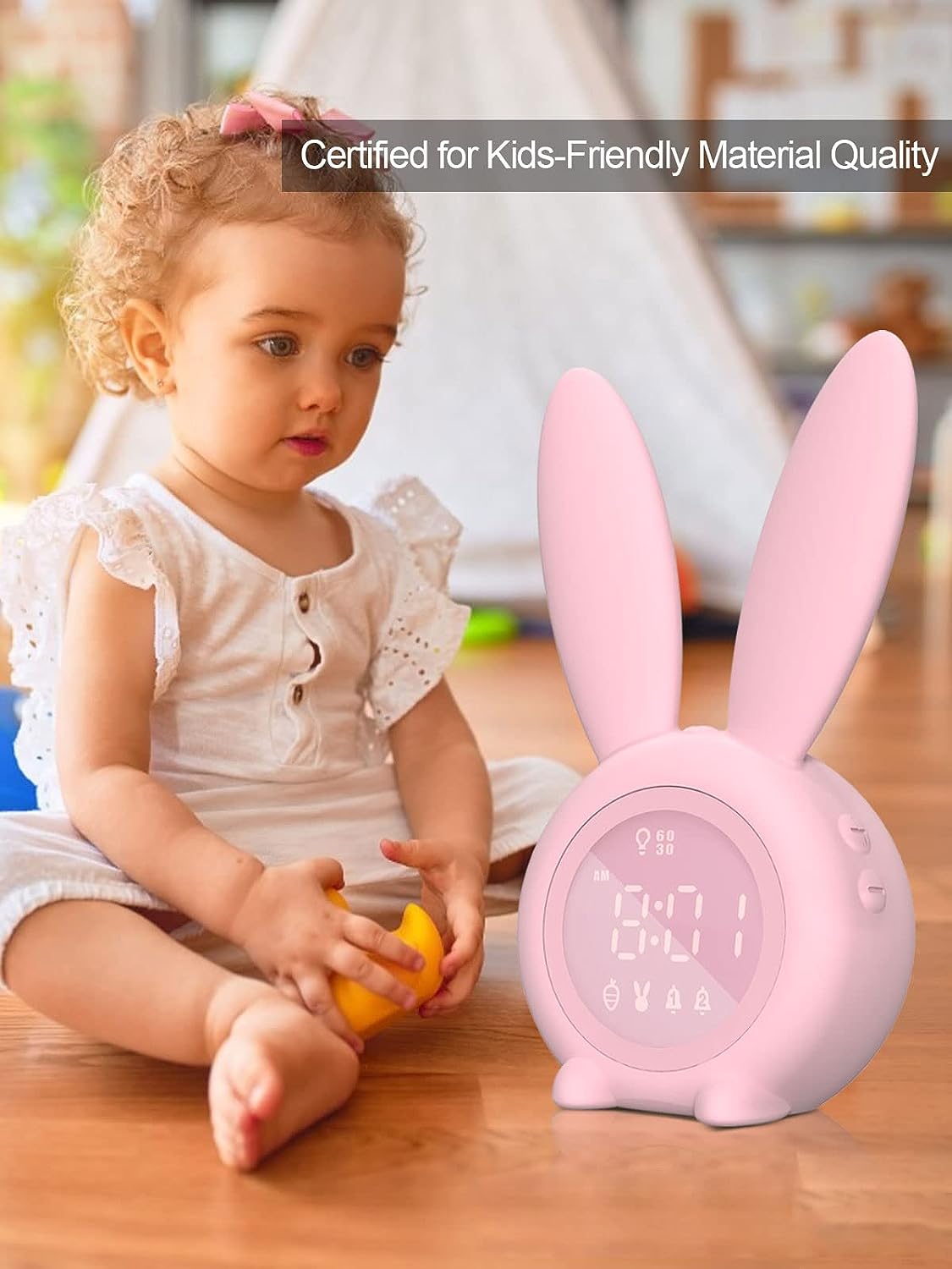 thumbnail image 4 of Reloj despertador para niños - Reloj despertador digital, iluminación ambiental regulable, lindo diseño de conejo, 5 tonos de llamada - Recargable, perfecto para dormitorios, 4 of 5