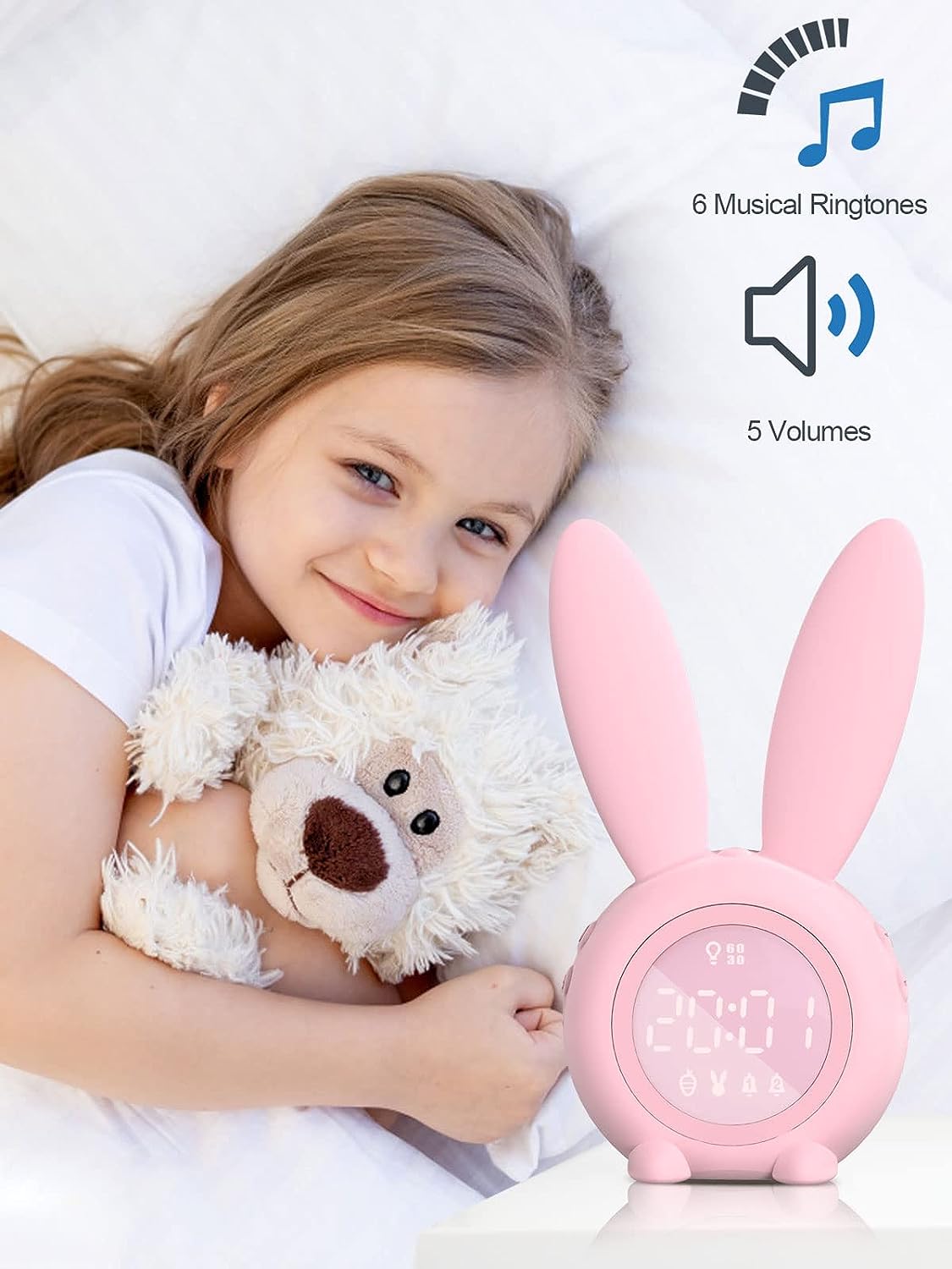 thumbnail image 5 of Reloj despertador para niños - Reloj despertador digital, iluminación ambiental regulable, lindo diseño de conejo, 5 tonos de llamada - Recargable, perfecto para dormitorios, 5 of 5
