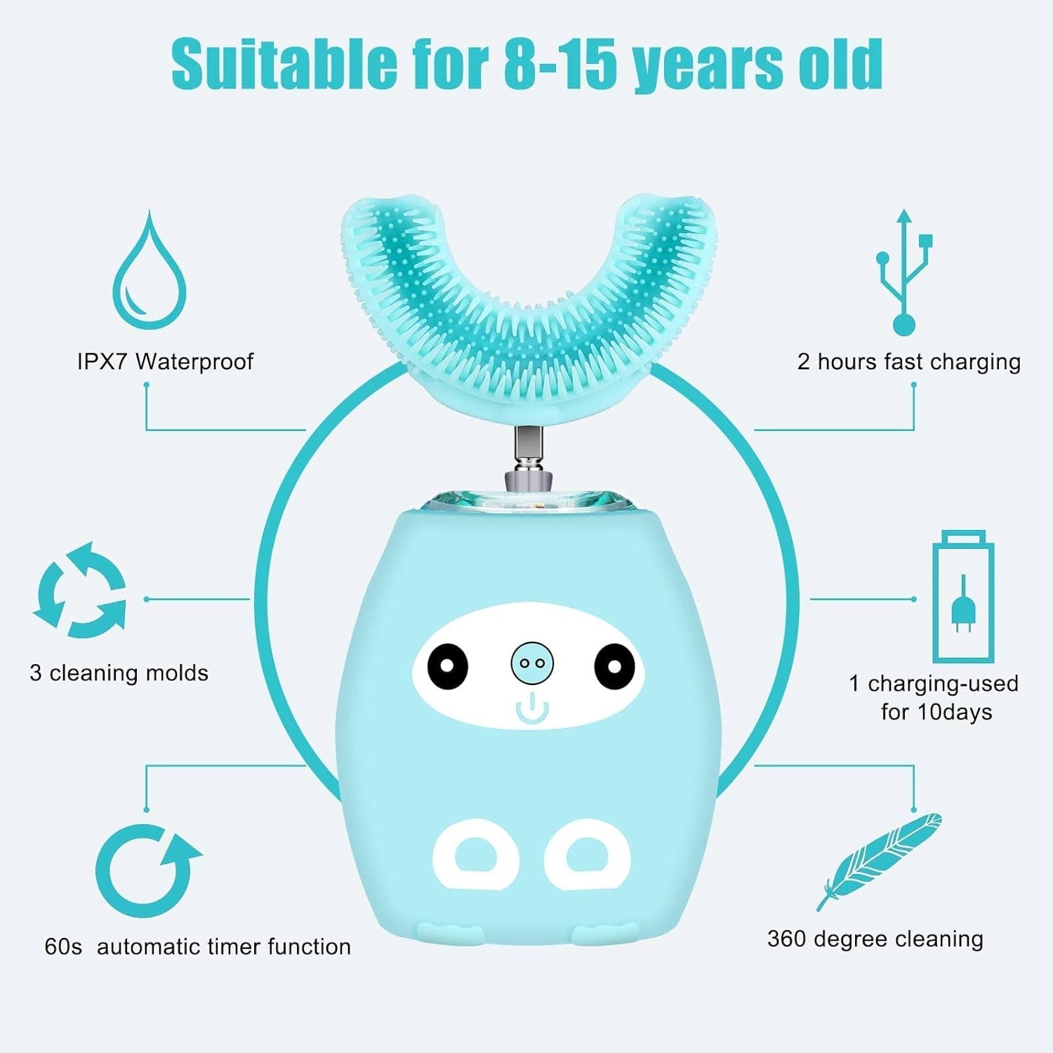thumbnail image 3 of Cepillo de dientes eléctrico en forma de U para niños, cepillo de dientes con temporizador automático para niños, cepillos de dientes automáticos ultrasónicos impermeables, 3 of 5
