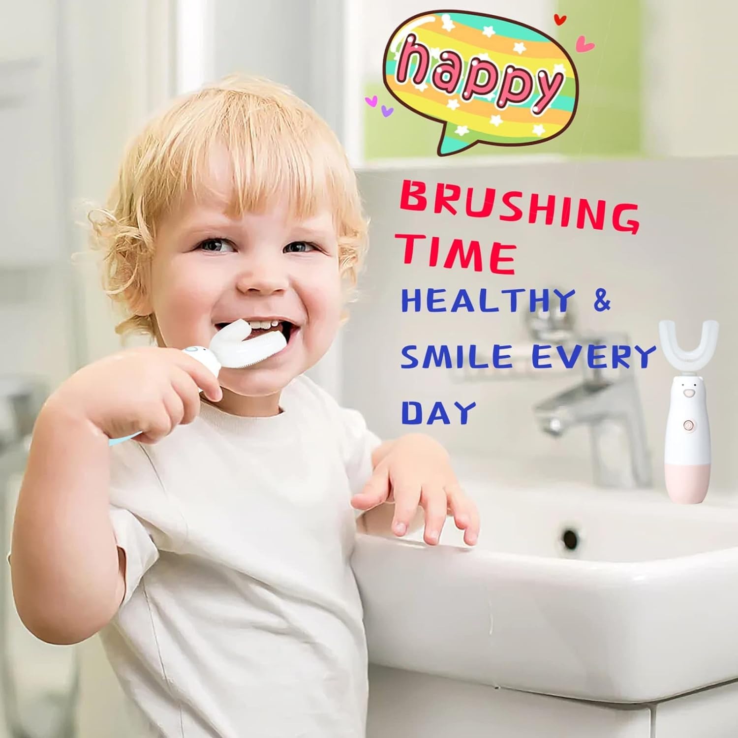 thumbnail image 4 of Cepillo de dientes eléctrico para niños, modelos en forma de U, cepillo de dientes impermeable con batería 360 automático Sonic para niños pequeños, 4 of 5