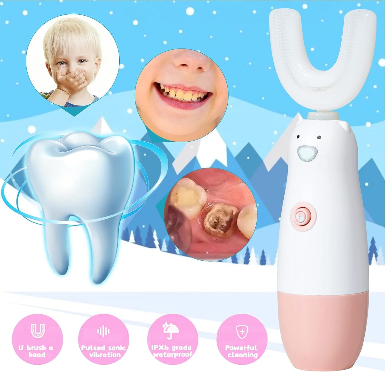 thumbnail image 5 of Cepillo de dientes eléctrico para niños, modelos en forma de U, cepillo de dientes impermeable con batería 360 automático Sonic para niños pequeños, 5 of 5