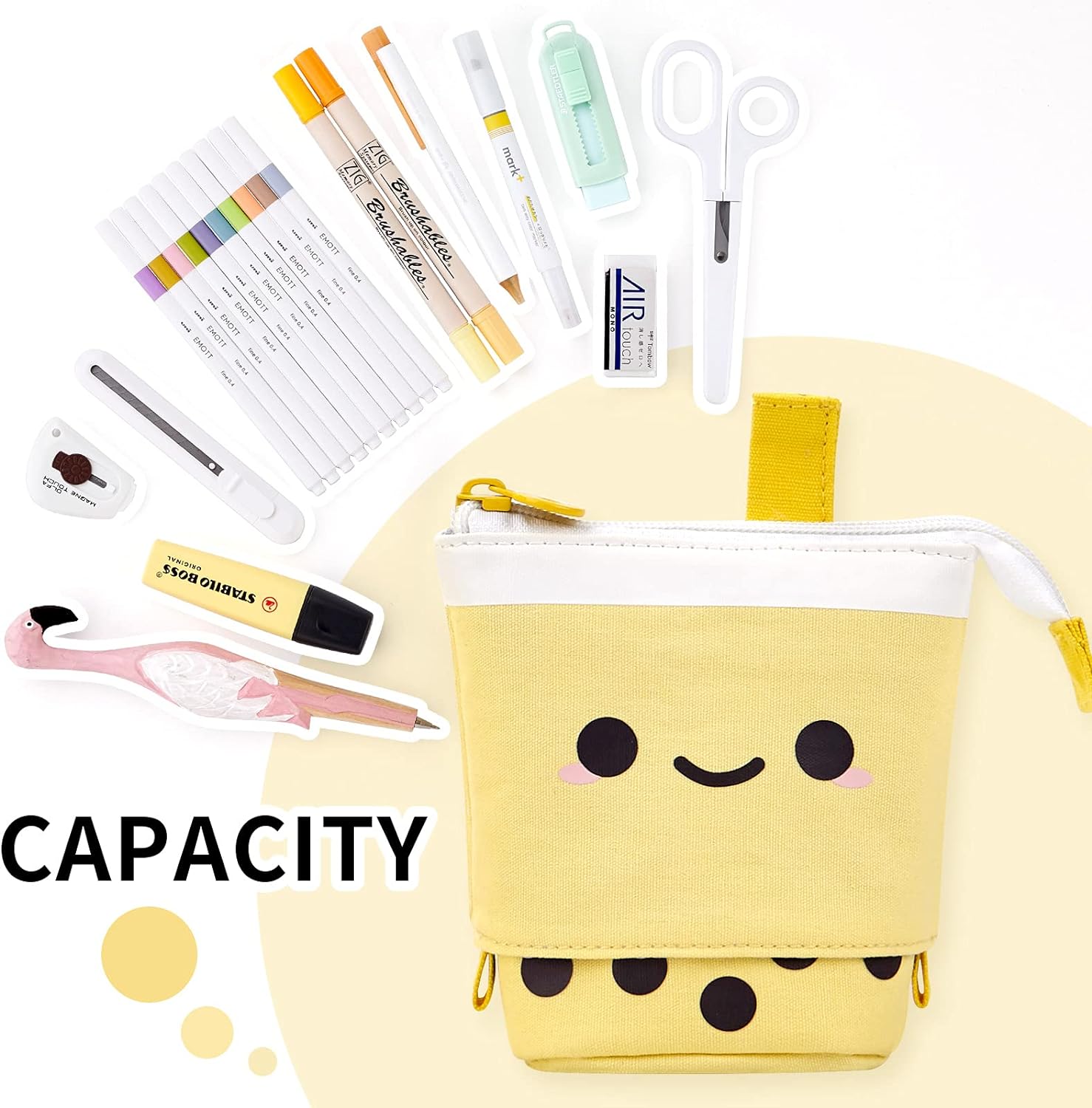 thumbnail image 3 of Lindo estuche para lápices de pie, bolsa de maquillaje telescópica, bolsa de cosméticos emergente con cara sonriente Kawaii, papelería, estuche organizador de escritorio para niñas, estudian, 3 of 5