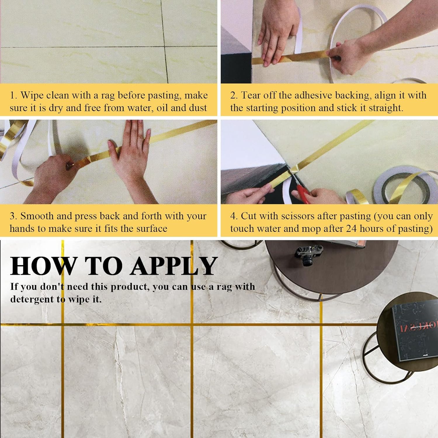 thumbnail image 3 of Cinta de espejo metalizada con líneas de lámina dorada para azulejos de piso, pegatina autoadhesiva para costura de azulejos, cinta decorativa impermeable para sellado de espacios para pared, 3 of 5
