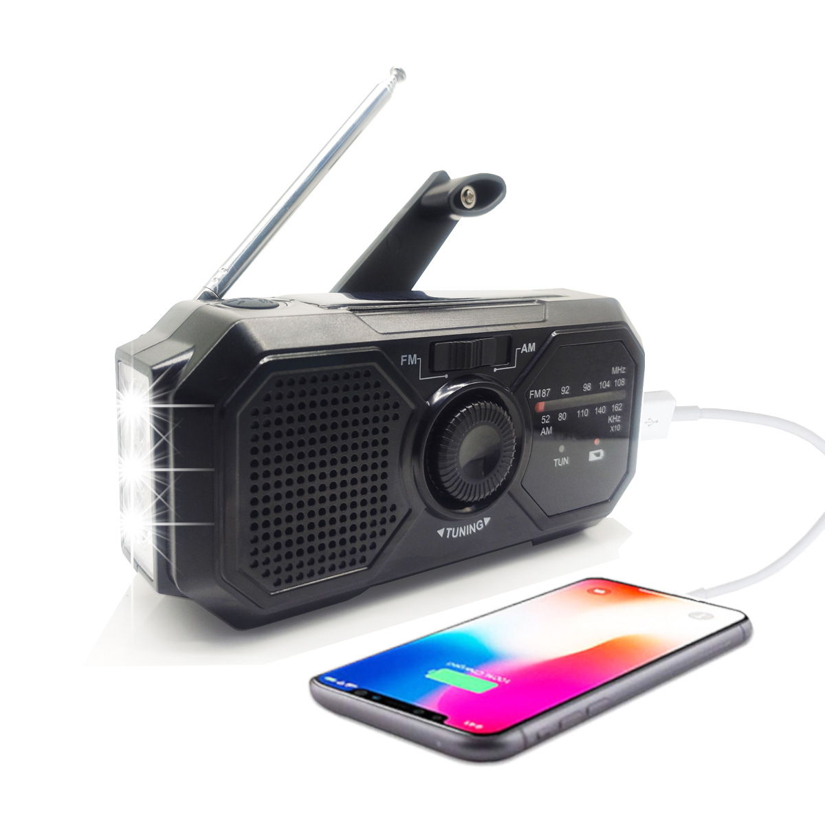 Radio portátil Manivela Radio solar Supervivencia AM/FM Dinamo Radio USB-C 2500 mAh Recargable con linterna LED Alarma SOS Brújula Pequeña radio de bolsillo