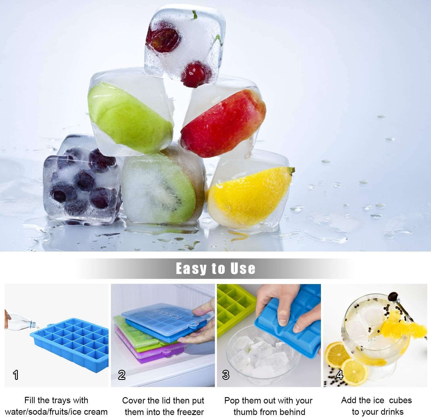 thumbnail image 4 of Bandejas para cubitos de hielo YONGSHENG paquete de 3 silicona con tapa extraíble 24 cubos por bandeja, 4 of 5