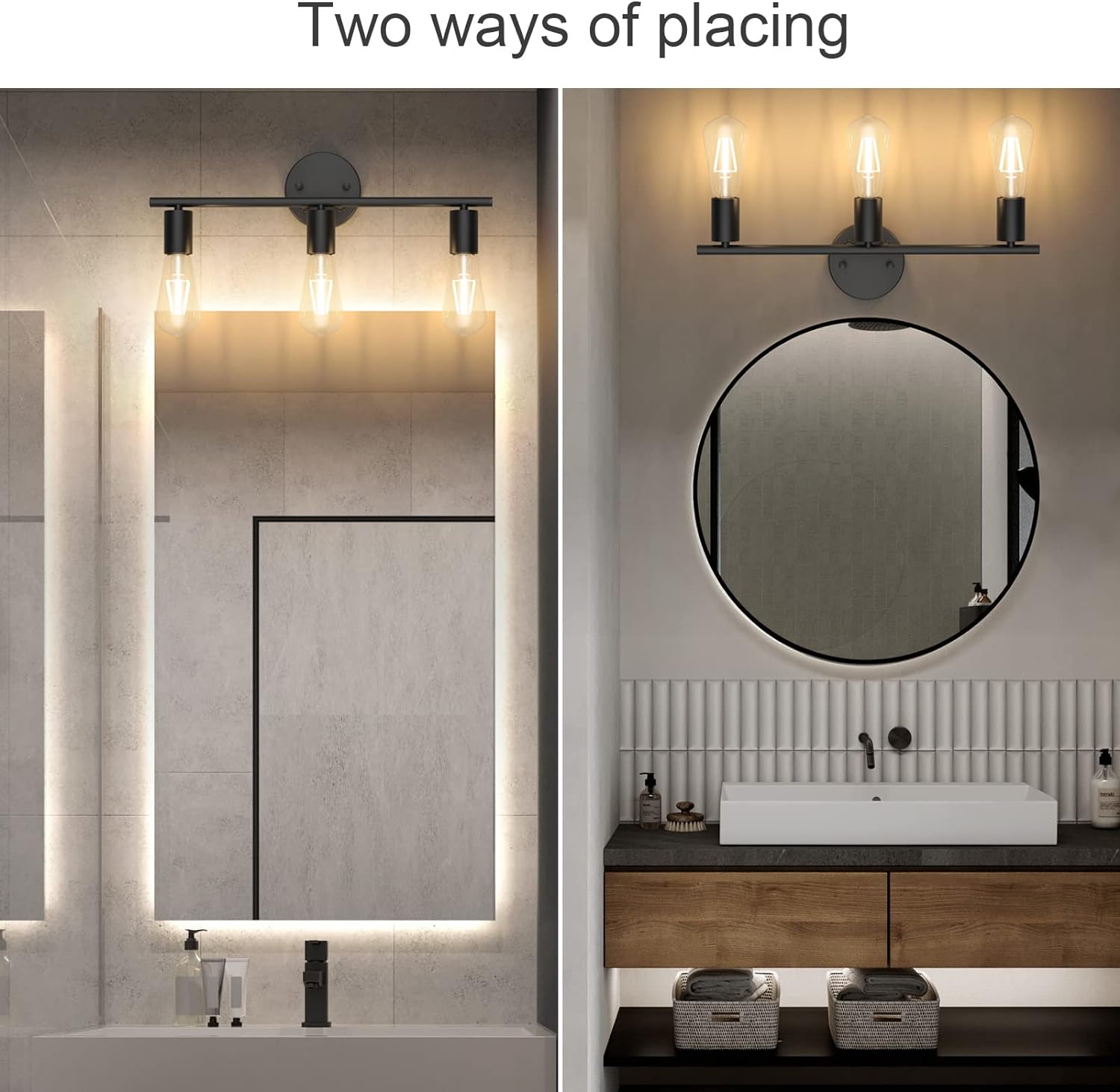 thumbnail image 5 of Lámpara de espejo de baño vintage 3 luces Aplique de pared de metal negro Luz de espejo de baño interior, Longitud: 40cm, casquillo E26, bombilla no incluida, 5 of 5