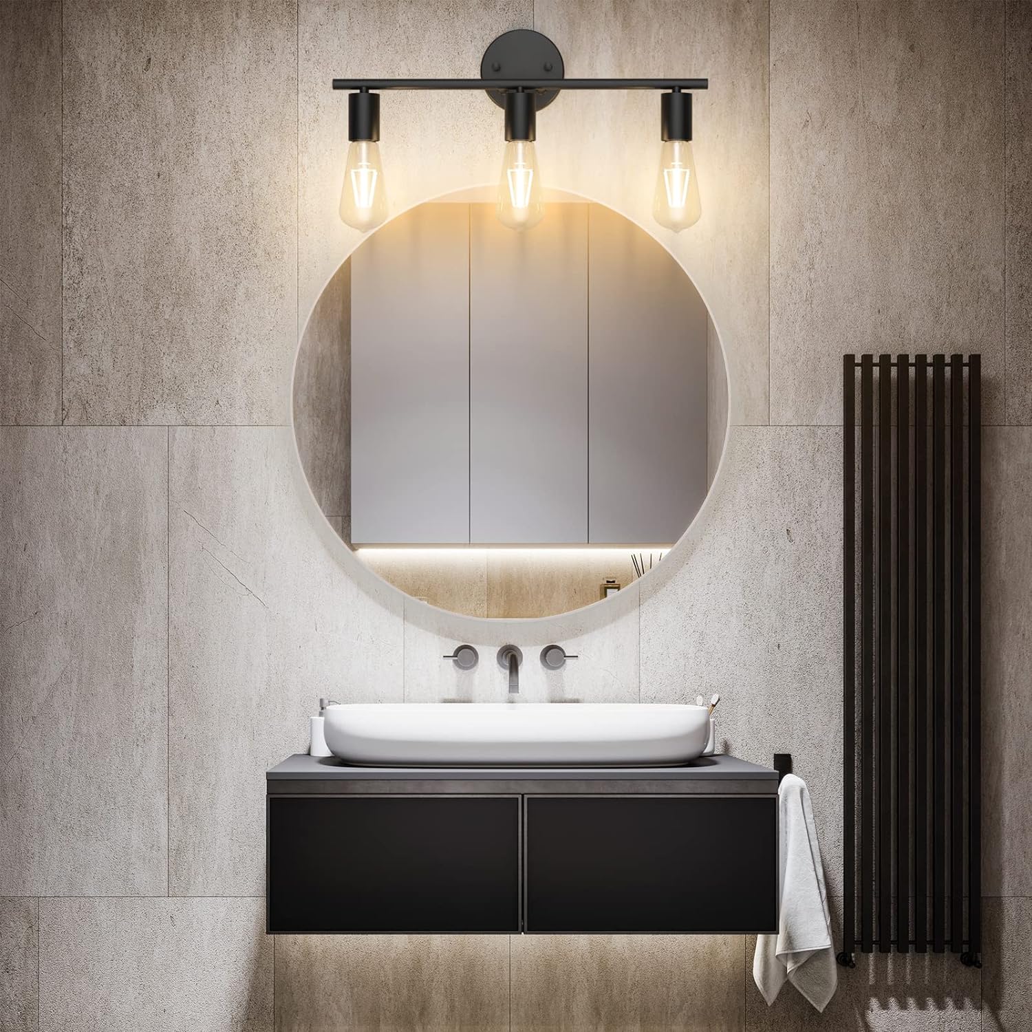 thumbnail image 4 of Lámpara de espejo de baño vintage 3 luces Aplique de pared de metal negro Luz de espejo de baño interior, Longitud: 40cm, casquillo E26, bombilla no incluida, 4 of 5