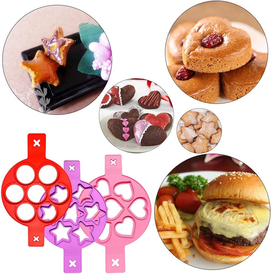 thumbnail image 3 of Molde de silicona para huevos, 3 piezas de molde para panqueques en forma de corazón, redondo y estrella para ahorrar tiempo de cocción, molde aislado para galletas para cocinar huevos de fo, 3 of 5