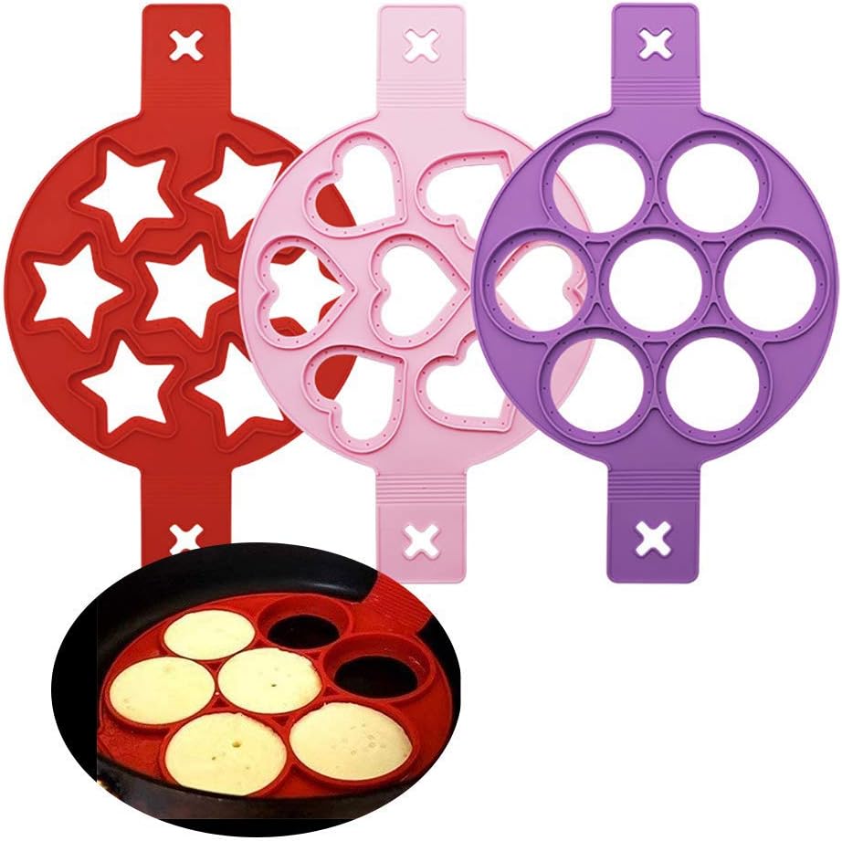 thumbnail image 1 of Molde de silicona para huevos, 3 piezas de molde para panqueques en forma de corazón, redondo y estrella para ahorrar tiempo de cocción, molde aislado para galletas para cocinar huevos de fo, 1 of 5
