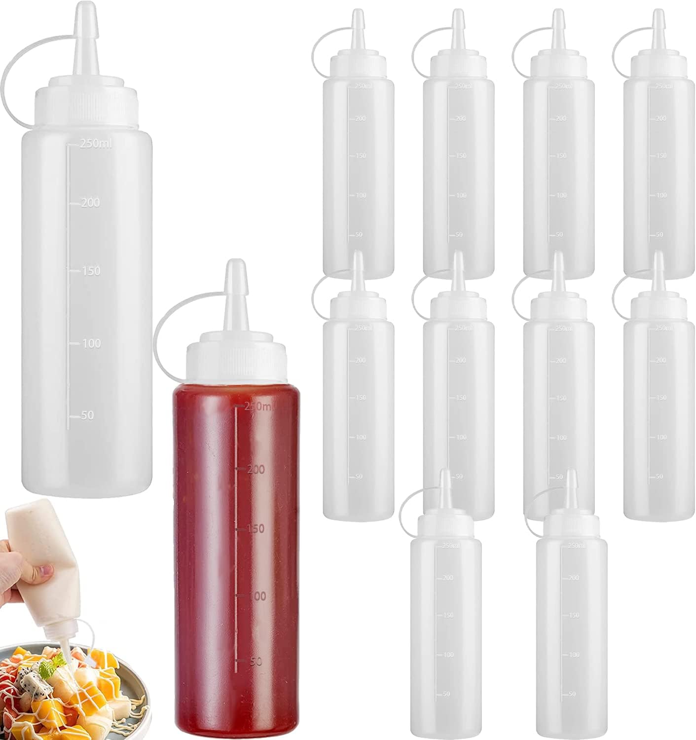 thumbnail image 1 of Botella de Salsa de 12 Piezas, Botella de Condimento a Prueba de Fugas de 250 ML con Tapa, Sin BPA para Ketchup, Mostaza, Mayo, Barbacoa en el Restaurante Casero, 1 of 5