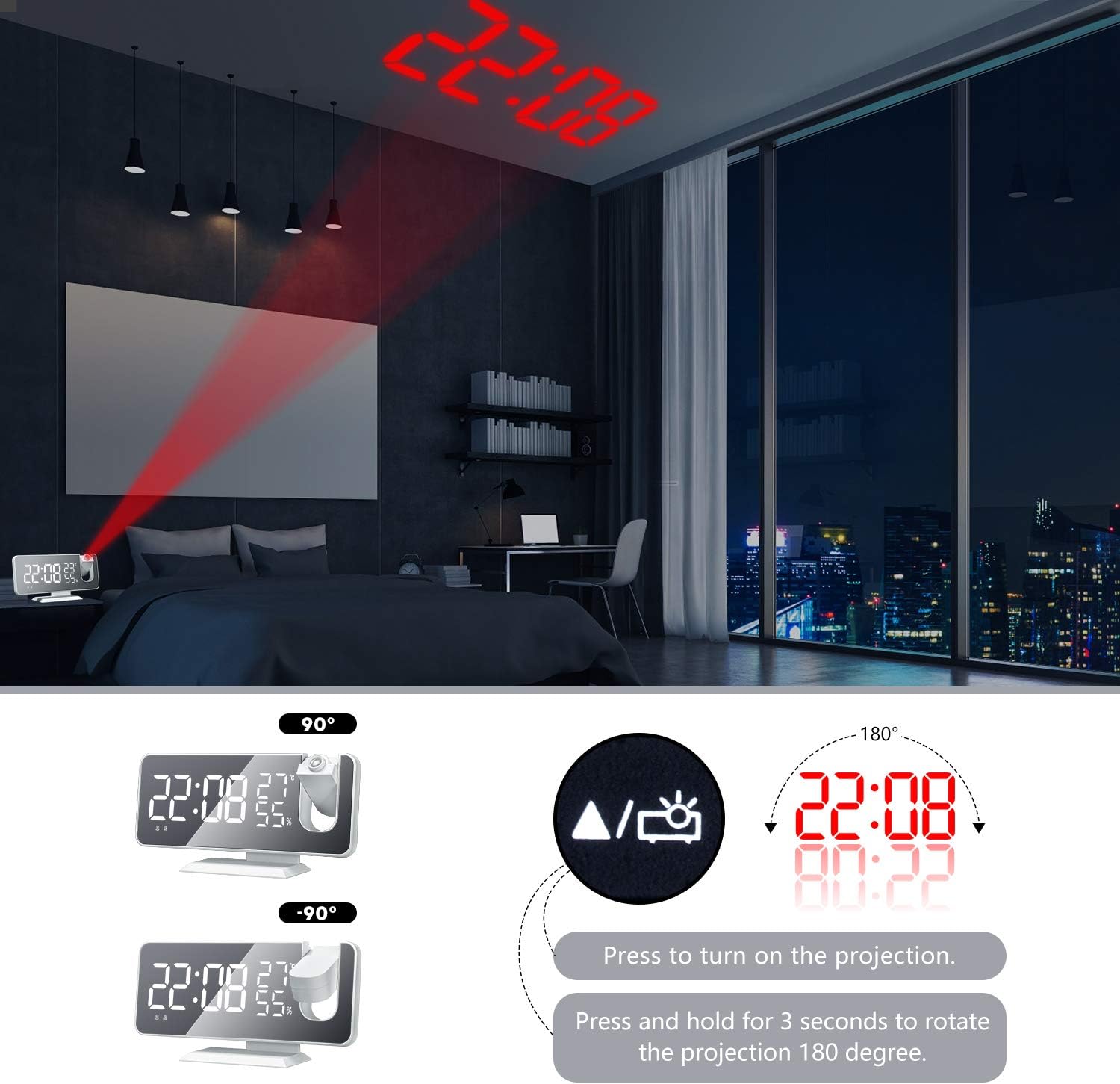 thumbnail image 2 of Reloj despertador digital de proyección YONGSHENG con proyección de techo alarma dual puerto de cargador USB pantalla de 7,3 pulgadas espejo LED, 2 of 5