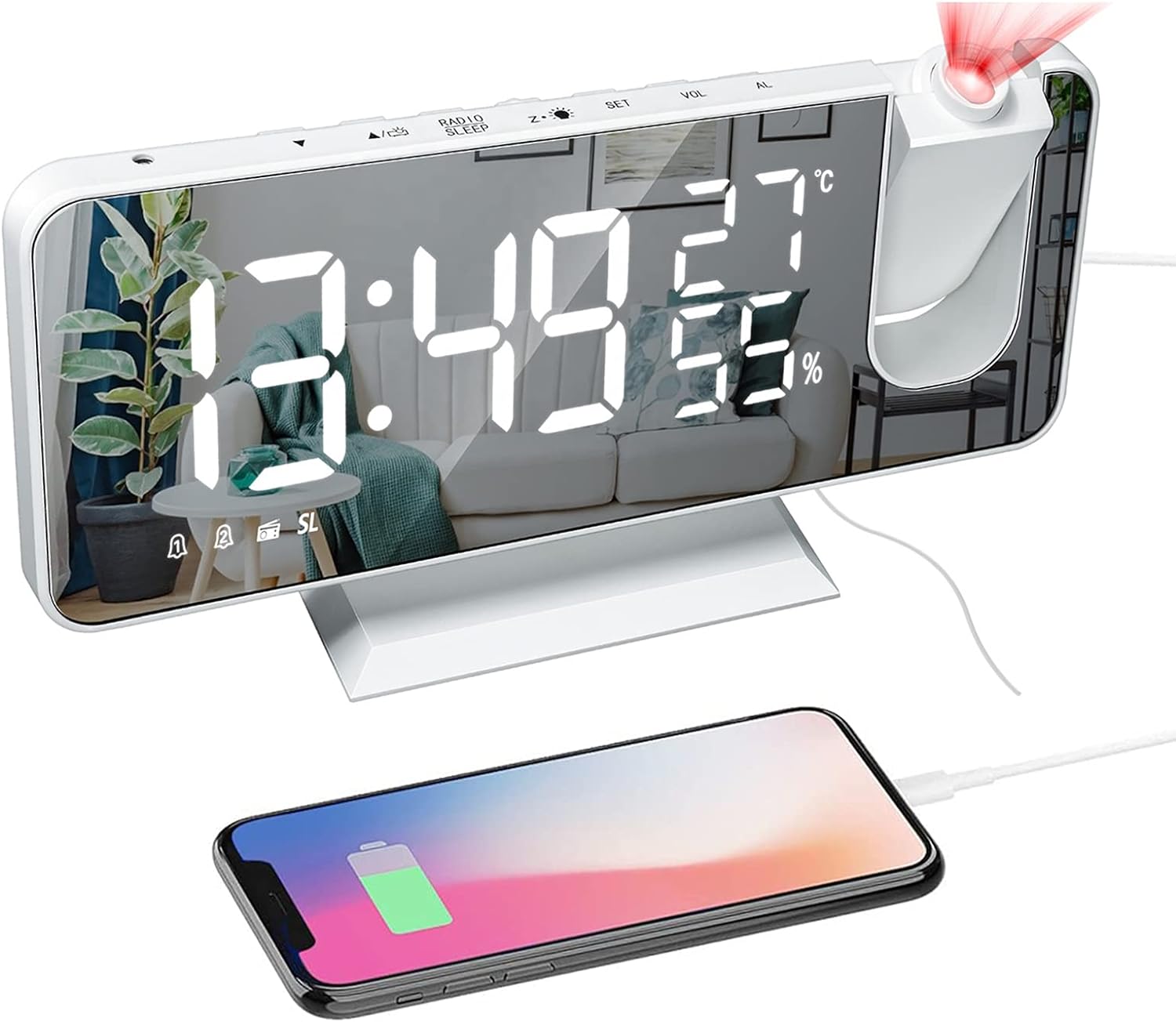 Reloj despertador digital de proyección YONGSHENG con proyección de techo alarma dual puerto de cargador USB pantalla de 7,3 pulgadas espejo LED