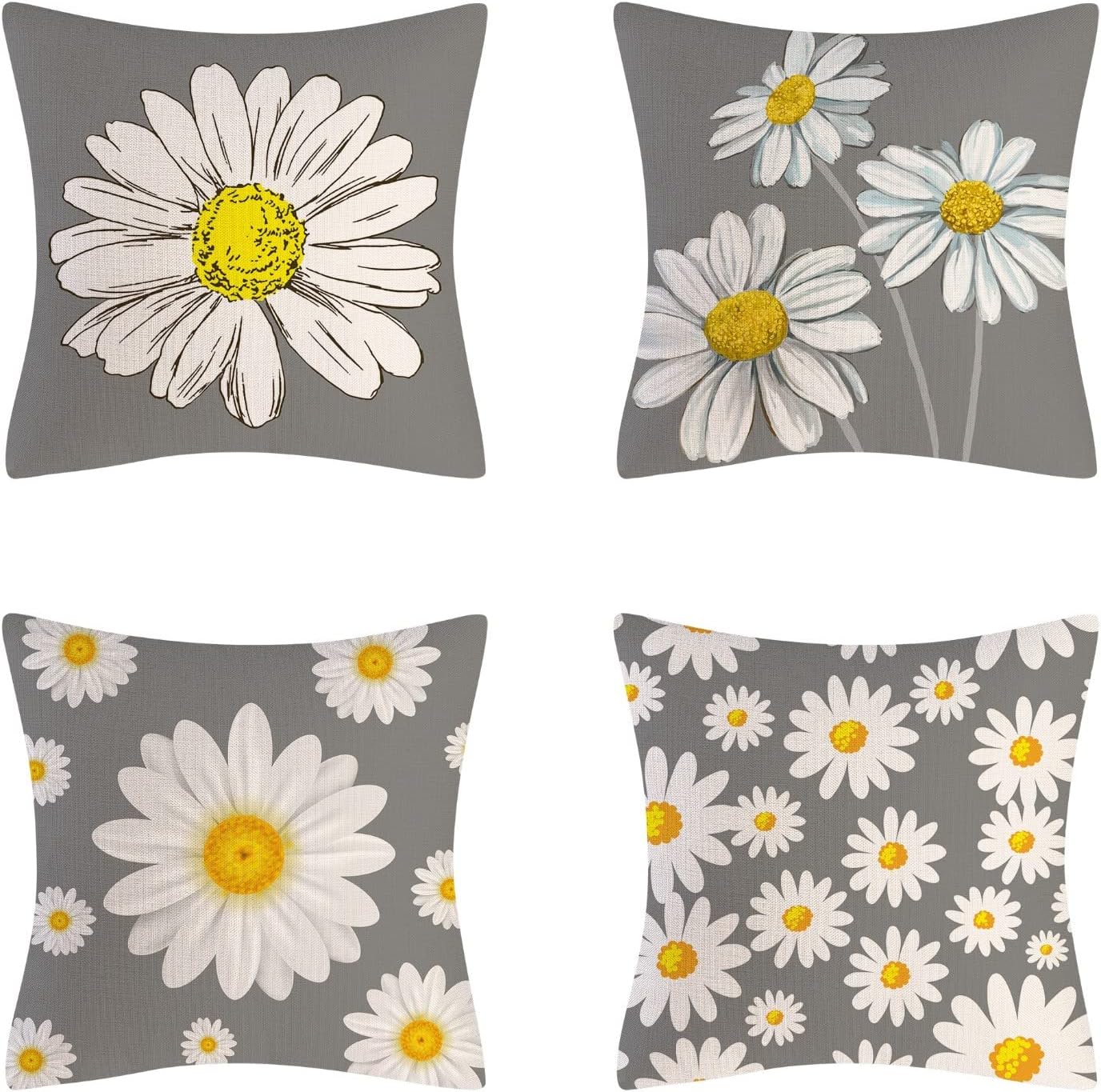 Juego de 4 fundas de cojín con margaritas, fundas de almohada cuadradas de lino de 18x18 pulgadas para sofá cama, regalos decorativos para el hogar, el coche y el jardín (G