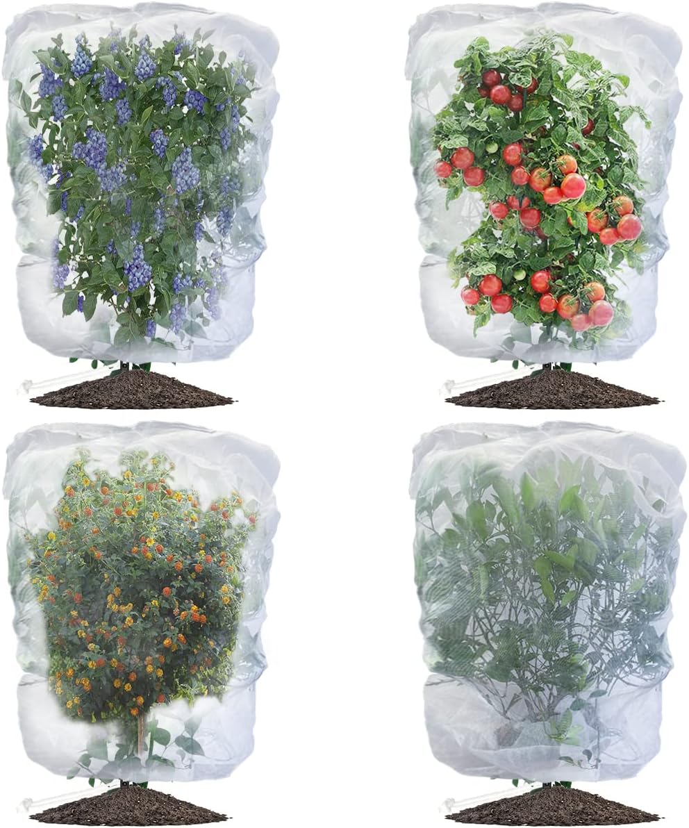 Paquete de 4 redes de protección para plantas de jardín, frutas, arbustos de arándanos, 3,3 pies x 2,3 pies, bolsas con cordón, cubierta protectora para tomates, red para plantas de jardín