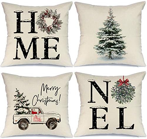 thumbnail image 1 of 4 fundas de almohada decorativas navideñas de 18x18 para el hogar, camión Noel, árbol de Navidad, cojines rústicos para vacaciones de invierno, decoración navideña de granja para el hogar Ho, 1 of 4