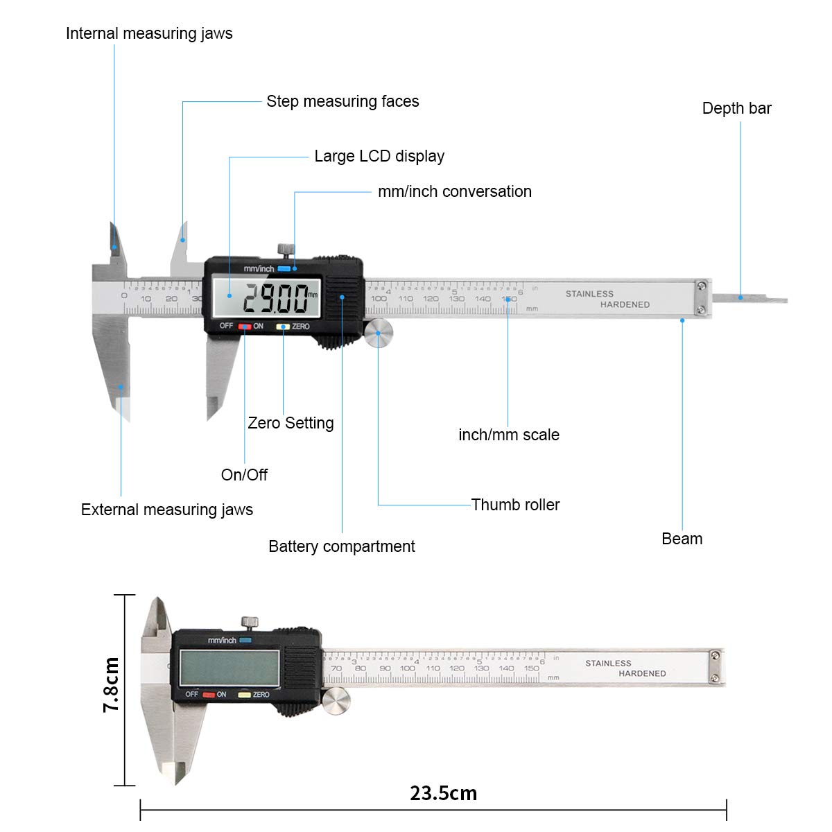 thumbnail image 2 of Calibrador Vernier digital de acero inoxidable de 150 mm, pantalla LCD grande, precisión ajustable, conversión de 0,01 mm/pulgada, a prueba de salpicaduras, medición industrial, 2 of 4