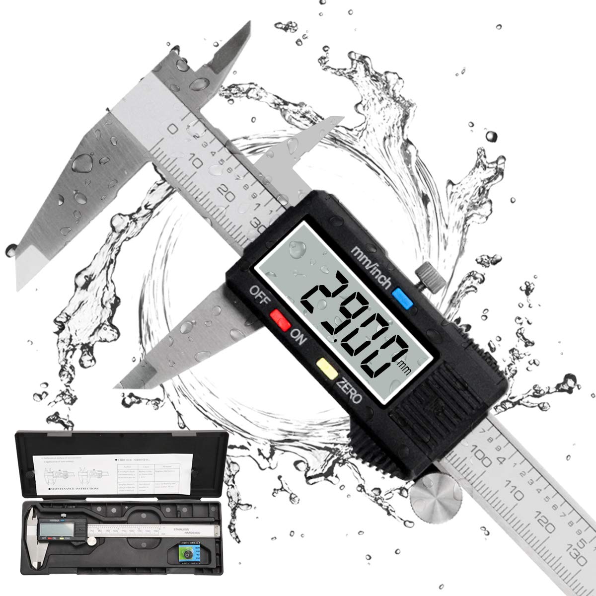 thumbnail image 1 of Calibrador Vernier digital de acero inoxidable de 150 mm, pantalla LCD grande, precisión ajustable, conversión de 0,01 mm/pulgada, a prueba de salpicaduras, medición industrial, 1 of 4