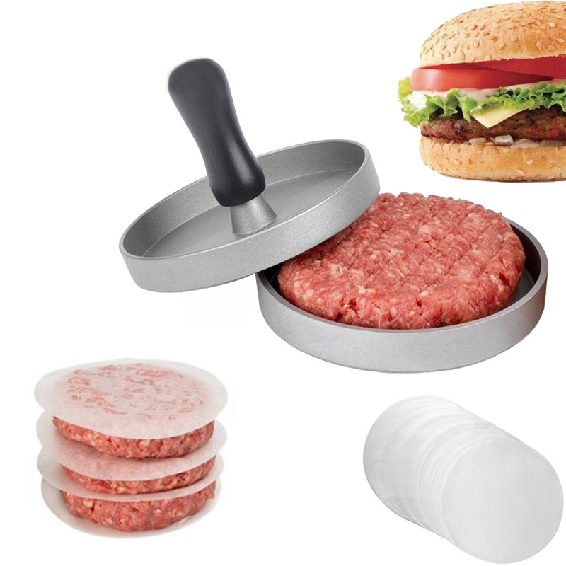 Prensa de hamburguesas de aluminio antiadherente con 40 discos de cera, molde para filetes de carne de seguridad alimentaria para hamburguesas y barbacoa