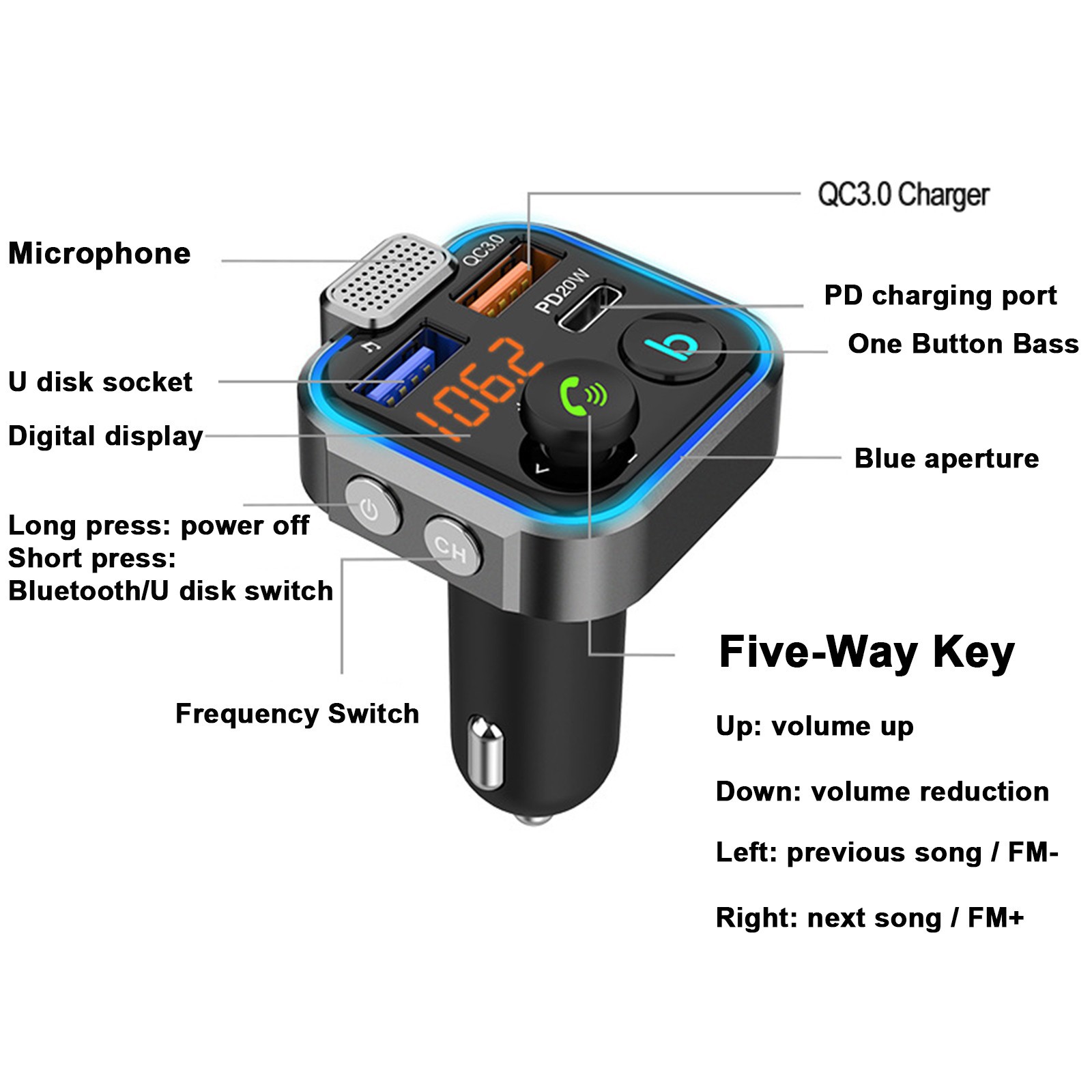 thumbnail image 5 of Transmisor FM Bluetooth 5.0 para Automóvil YONGSHENG Micrófono Potente Sonido Graves HiFi Encendedor de Cigarrillos Radio Cargador Adaptador de Música, 5 of 5