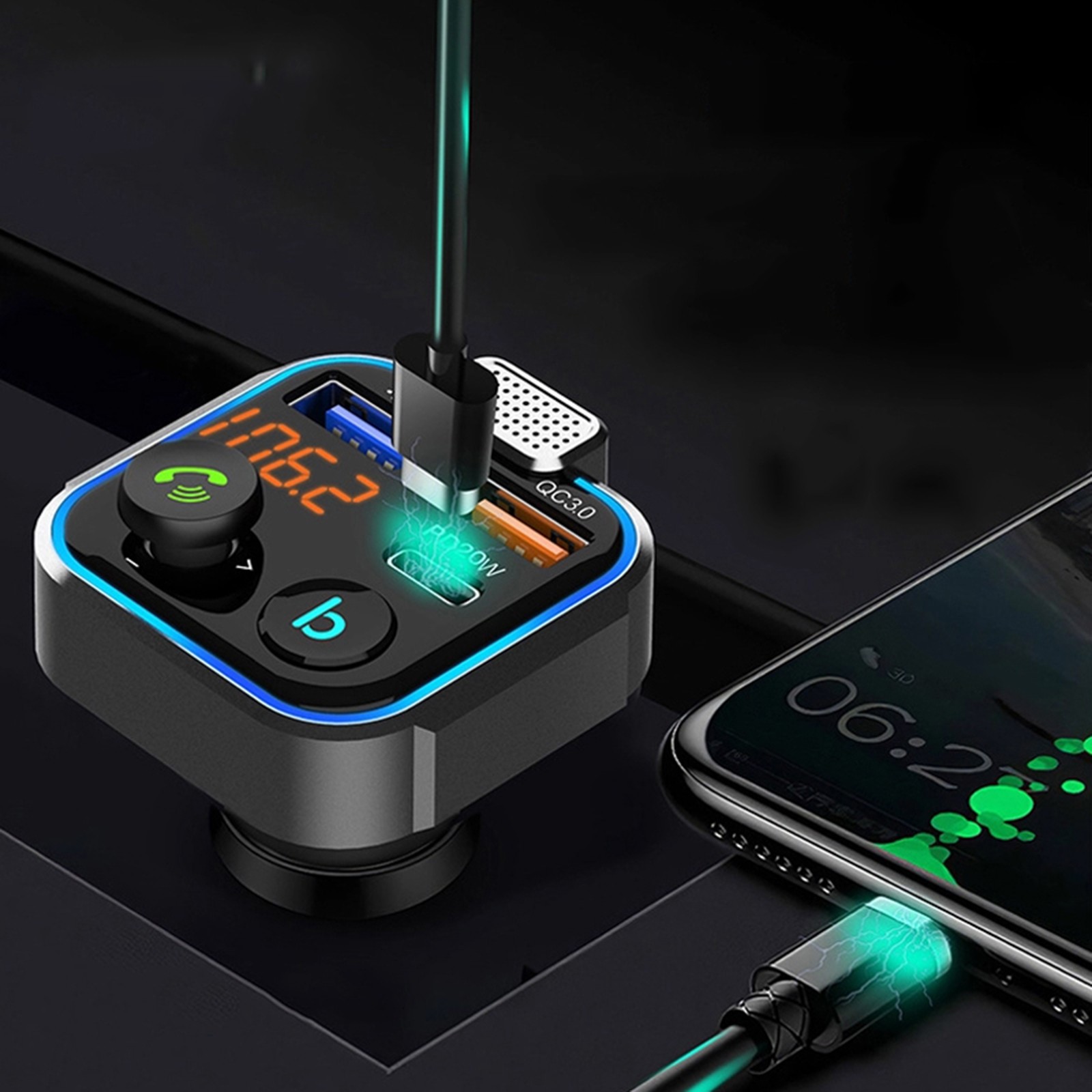 thumbnail image 4 of Transmisor FM Bluetooth 5.0 para Automóvil YONGSHENG Micrófono Potente Sonido Graves HiFi Encendedor de Cigarrillos Radio Cargador Adaptador de Música, 4 of 5