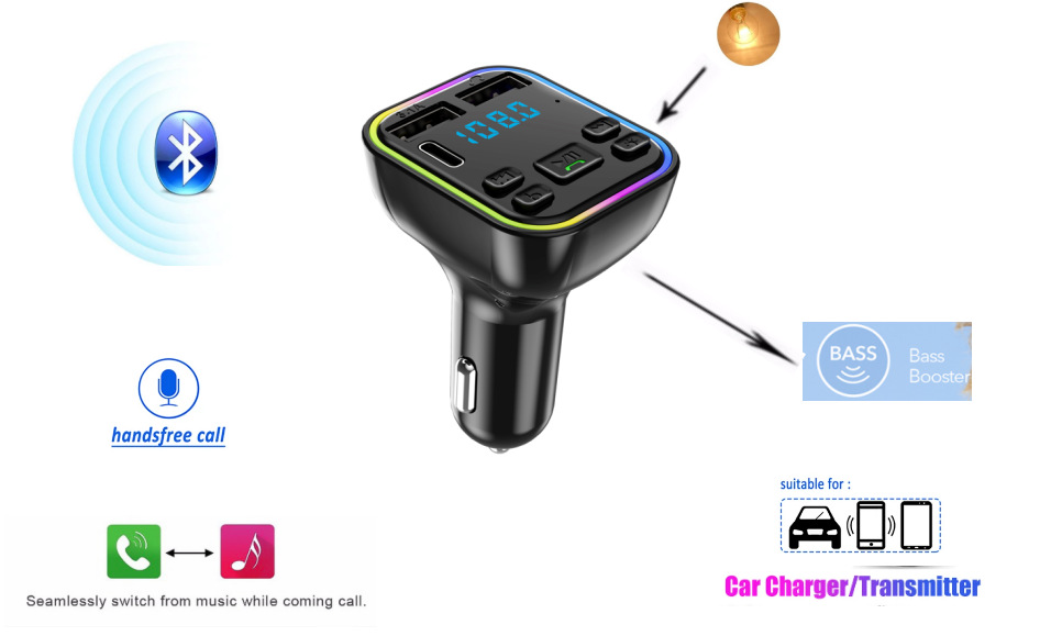 thumbnail image 3 of Transmisor FM Bluetooth para automóvil - Adaptador de automóvil Bluetooth Transmisor de radio, Cargador de automóvil USB dual, Reproductor de música MP3 Kit de automóvil Bluetooth 5.0 con lu, 3 of 5