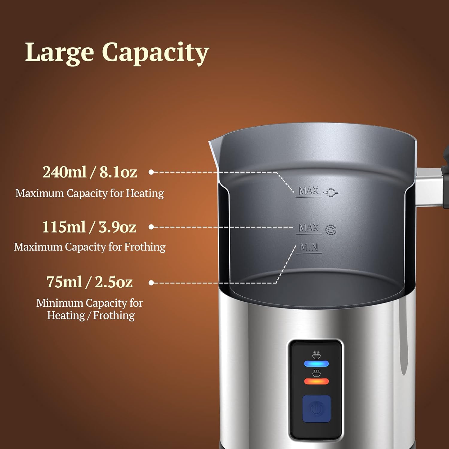 thumbnail image 3 of Espumador de leche, espumador eléctrico caliente y frío, calentador de leche, espumador de café con controles de temperatura, apagado automático, interior antiadherente para café, latte, lec, 3 of 5