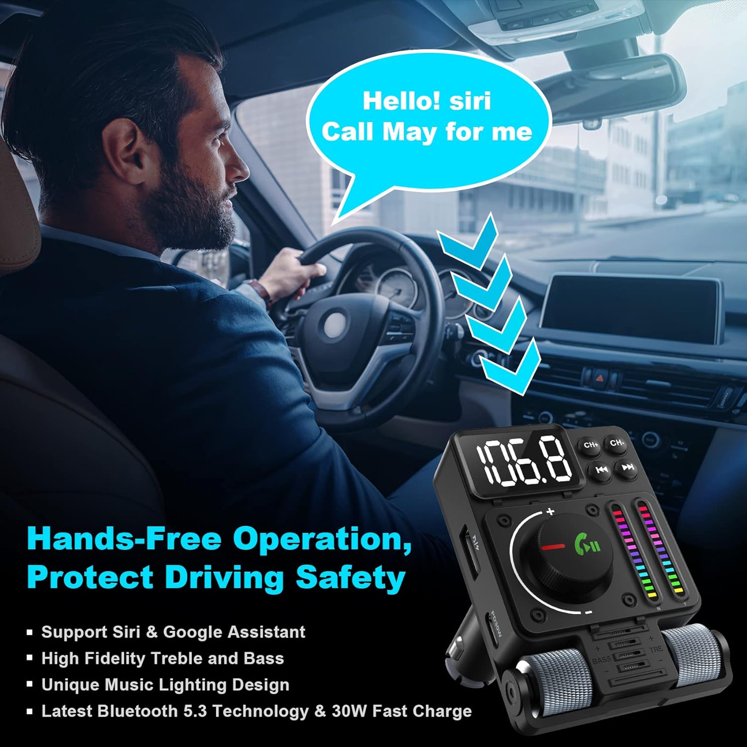 thumbnail image 5 of Adaptador Bluetooth para automóvil YONGSHENG transmisor FM Bluetooth 5.3 carga rápida PD 30 W tipo C y puerto USB, 5 of 5