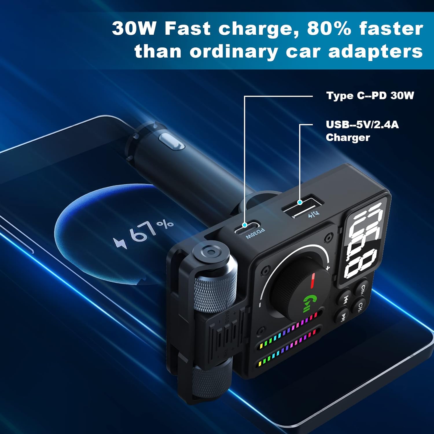 thumbnail image 4 of Adaptador Bluetooth para automóvil YONGSHENG transmisor FM Bluetooth 5.3 carga rápida PD 30 W tipo C y puerto USB, 4 of 5