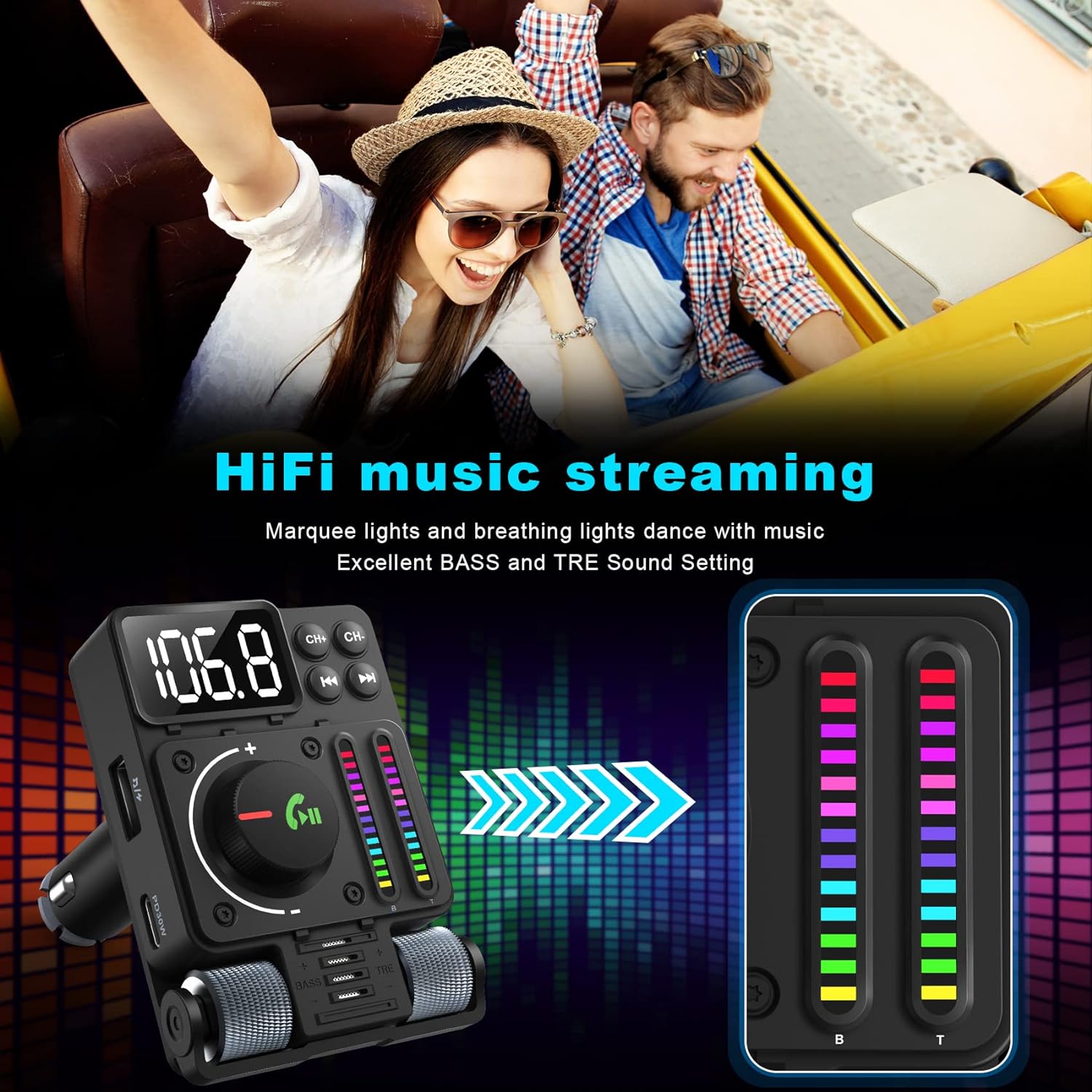 thumbnail image 3 of Adaptador Bluetooth para automóvil YONGSHENG transmisor FM Bluetooth 5.3 carga rápida PD 30 W tipo C y puerto USB, 3 of 5