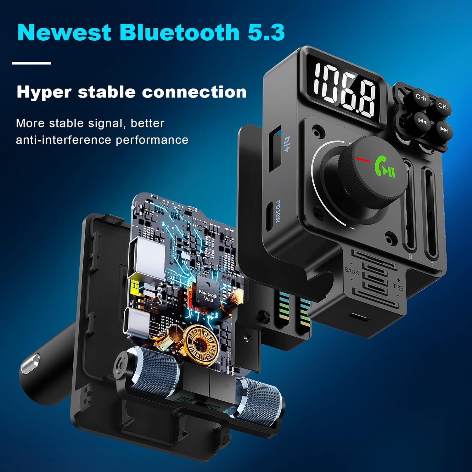 thumbnail image 2 of Adaptador Bluetooth para automóvil YONGSHENG transmisor FM Bluetooth 5.3 carga rápida PD 30 W tipo C y puerto USB, 2 of 5
