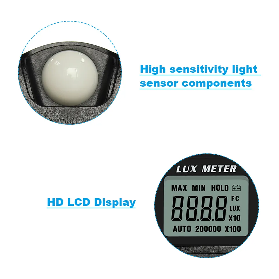 thumbnail image 2 of Luxómetro digital/medidor de luz de iluminancia digital medidor de lux con pantalla LCD (rango: 0,1~200.000 Lux Luxómetro, 0,01~20.000Fc), 2 of 5