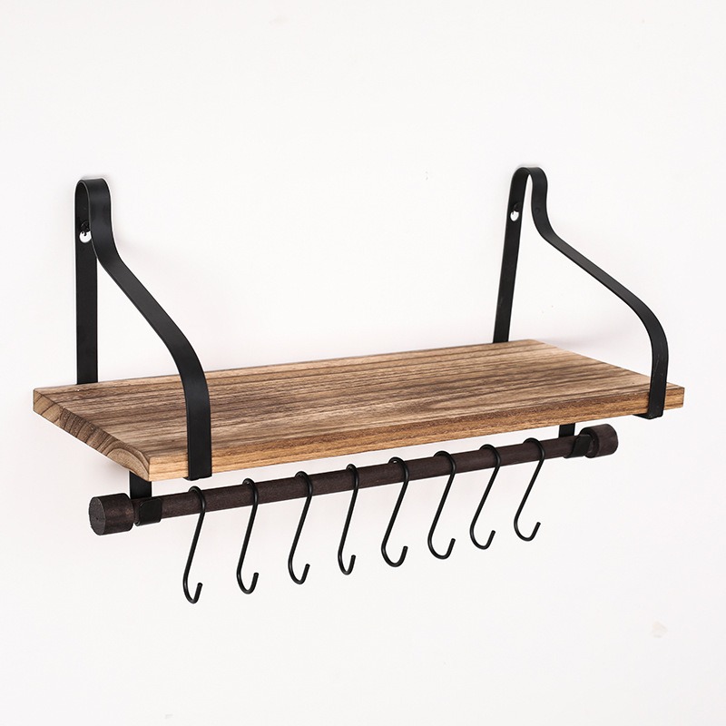 thumbnail image 4 of Estante flotante de pared para almacenamiento, especiero de cocina de madera rústica con barra para toallas y 8 ganchos extraíbles para organizar utensilios de cocina o tazas, negro carboniz, 4 of 5