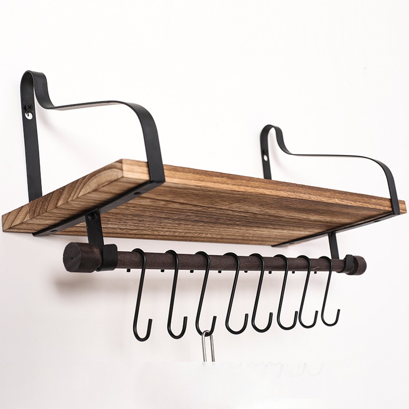 thumbnail image 2 of Estante flotante de pared para almacenamiento, especiero de cocina de madera rústica con barra para toallas y 8 ganchos extraíbles para organizar utensilios de cocina o tazas, negro carboniz, 2 of 5