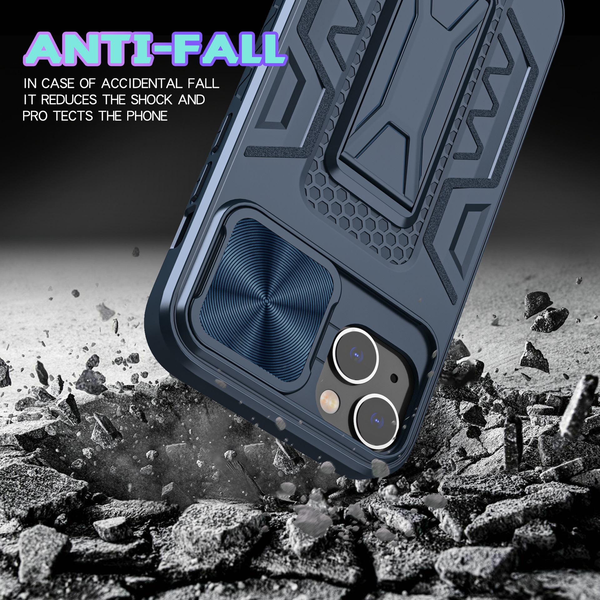 thumbnail image 3 of Caso: Cubierta protectora resistente para teléfono 5G con soporte y cubierta deslizante para lente de cámara - Parachoques a prueba de golpes Diseño mate texturizado Protección contra caídas, 3 of 4