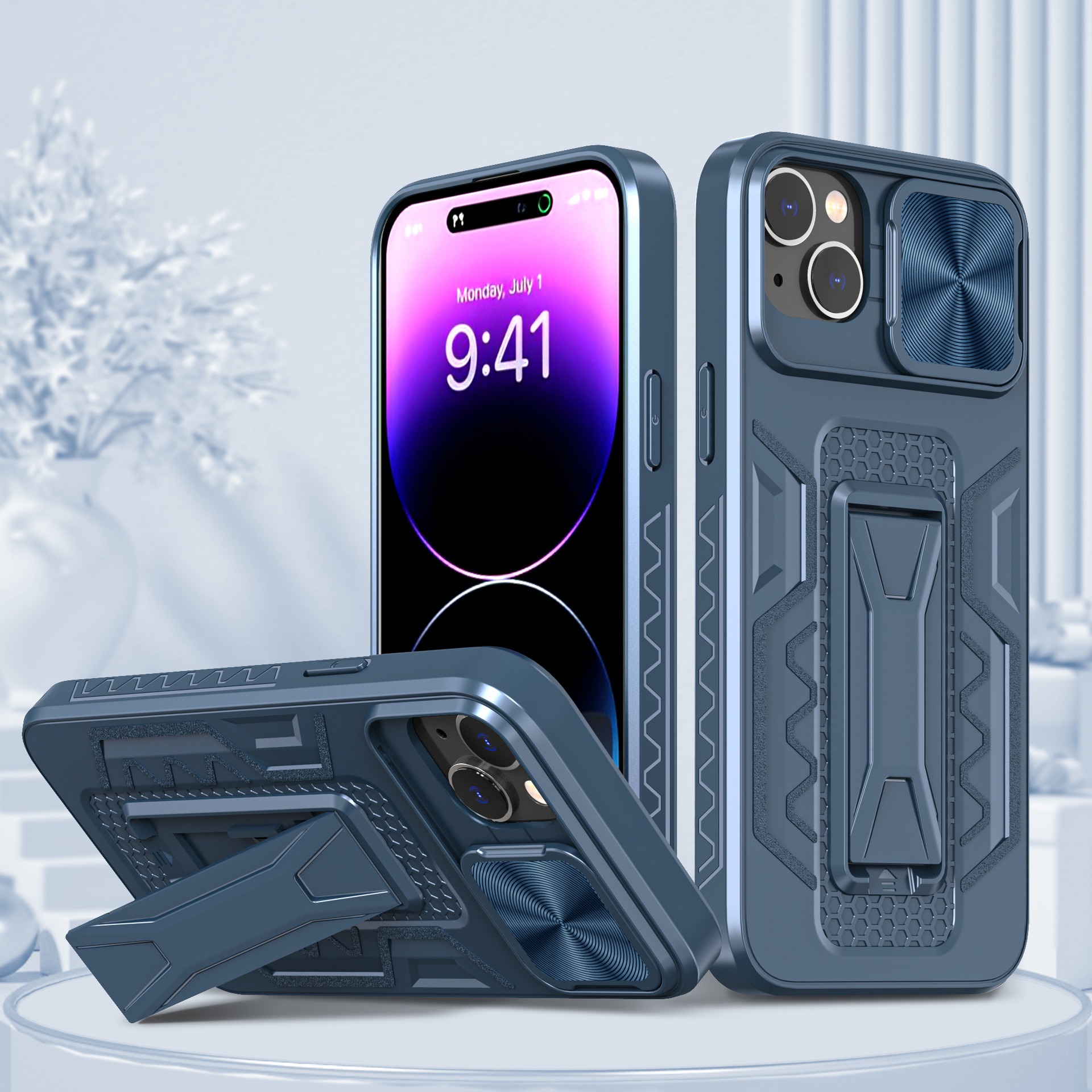 thumbnail image 1 of Caso: Cubierta protectora resistente para teléfono 5G con soporte y cubierta deslizante para lente de cámara - Parachoques a prueba de golpes Diseño mate texturizado Protección contra caídas, 1 of 4